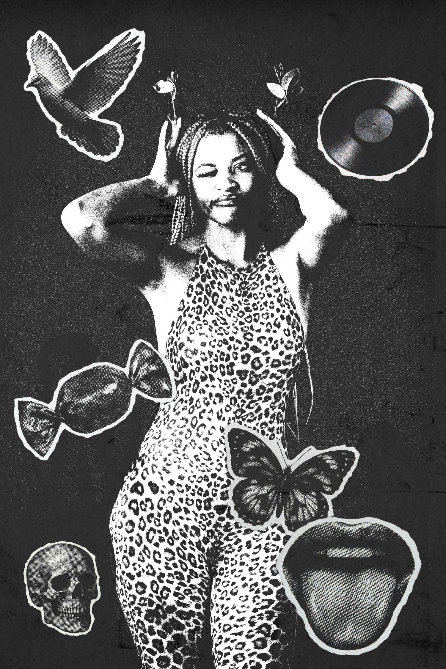 Black and white collage art of woman in leopard catsuit surrounded by butterfly, skull, vinyl record, and dove cutouts.