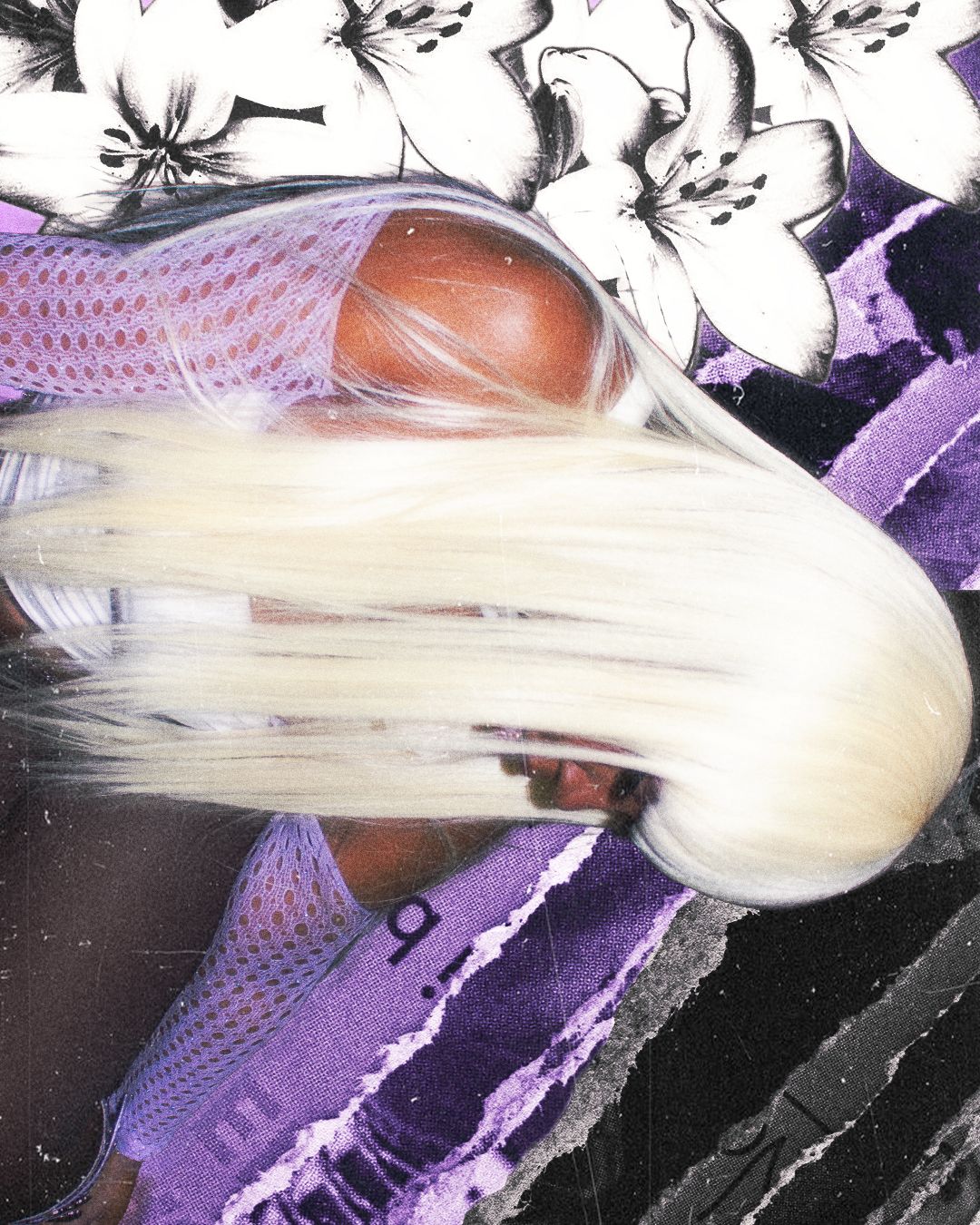 Person with long blonde hair in motion, wearing purple mesh top, with floral background.