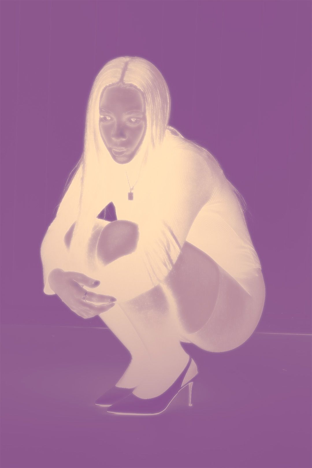 A person crouching in a white outfit and heels against a purple background with a duotone effect.
