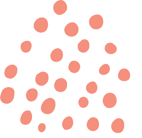 Scattered coral pink polka dots pattern on white background, playful random arrangement of oval shapes.