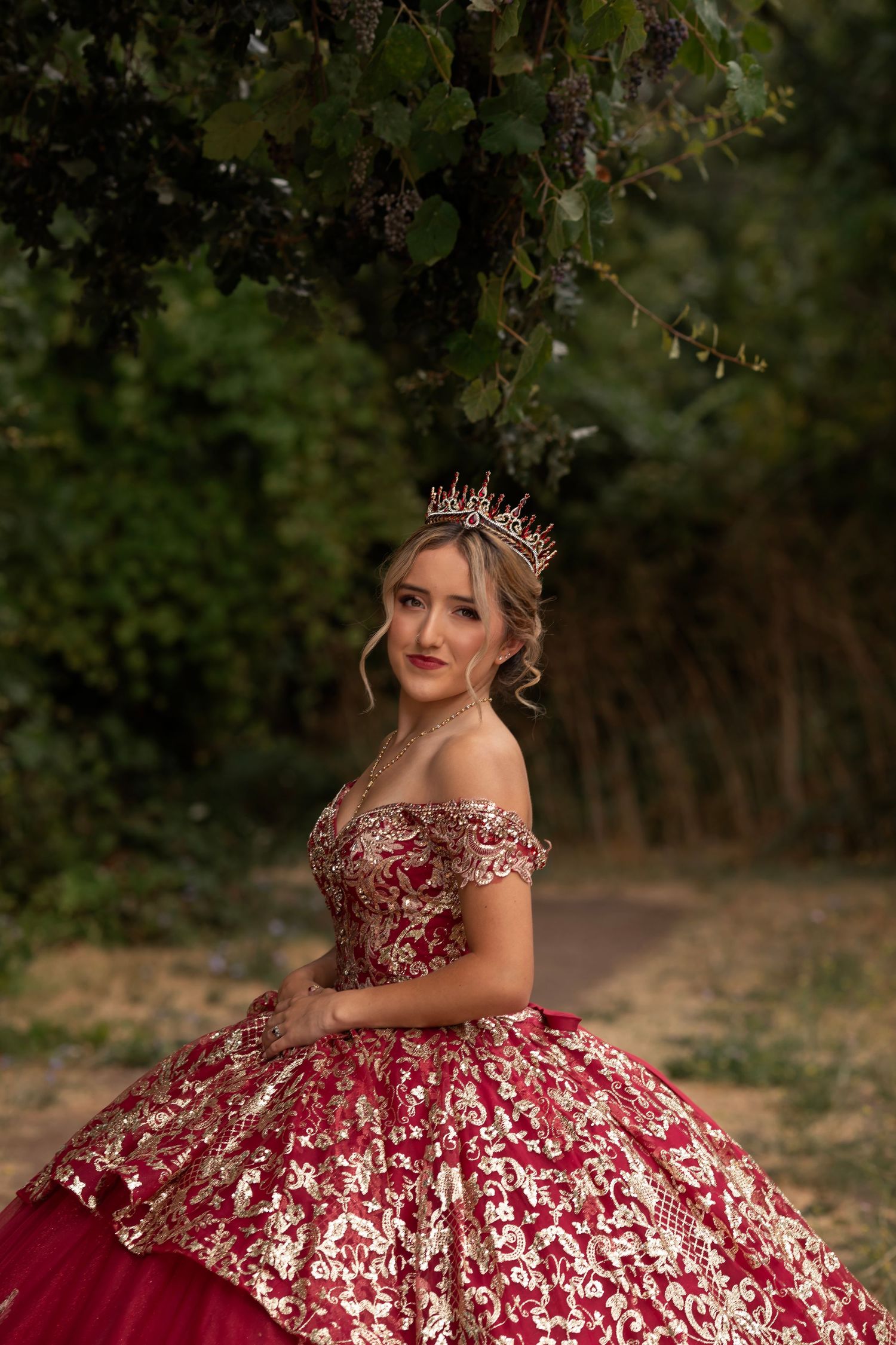 Classic quinceañera portrait of a young woman in a floral ball gown photographed in soft natural light