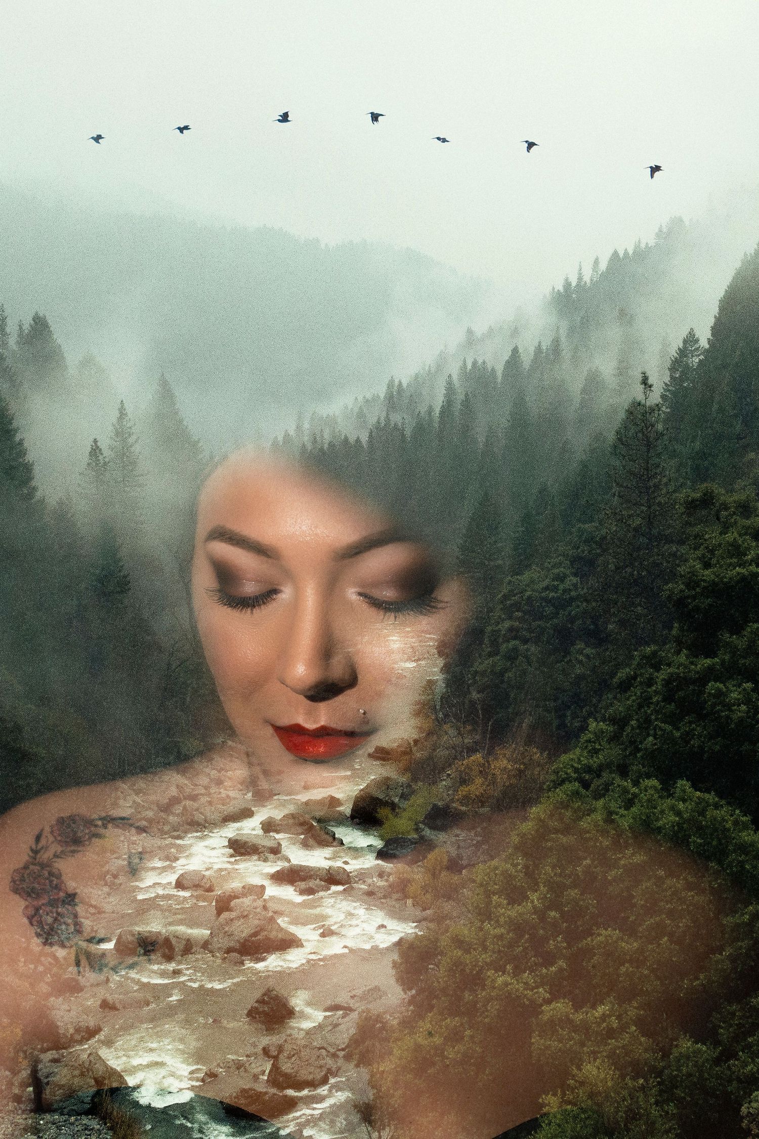 Fine art double exposure self-portrait combining a woman's face with a forest landscape and flowing river.