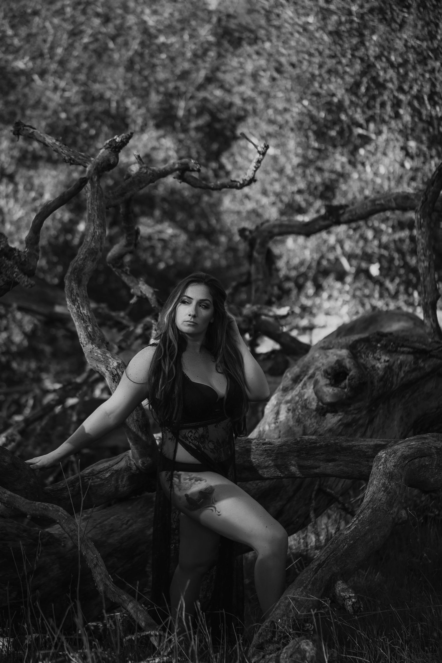 Black and white artistic portrait of a woman seated among the twisting branches of an ancient oak tree