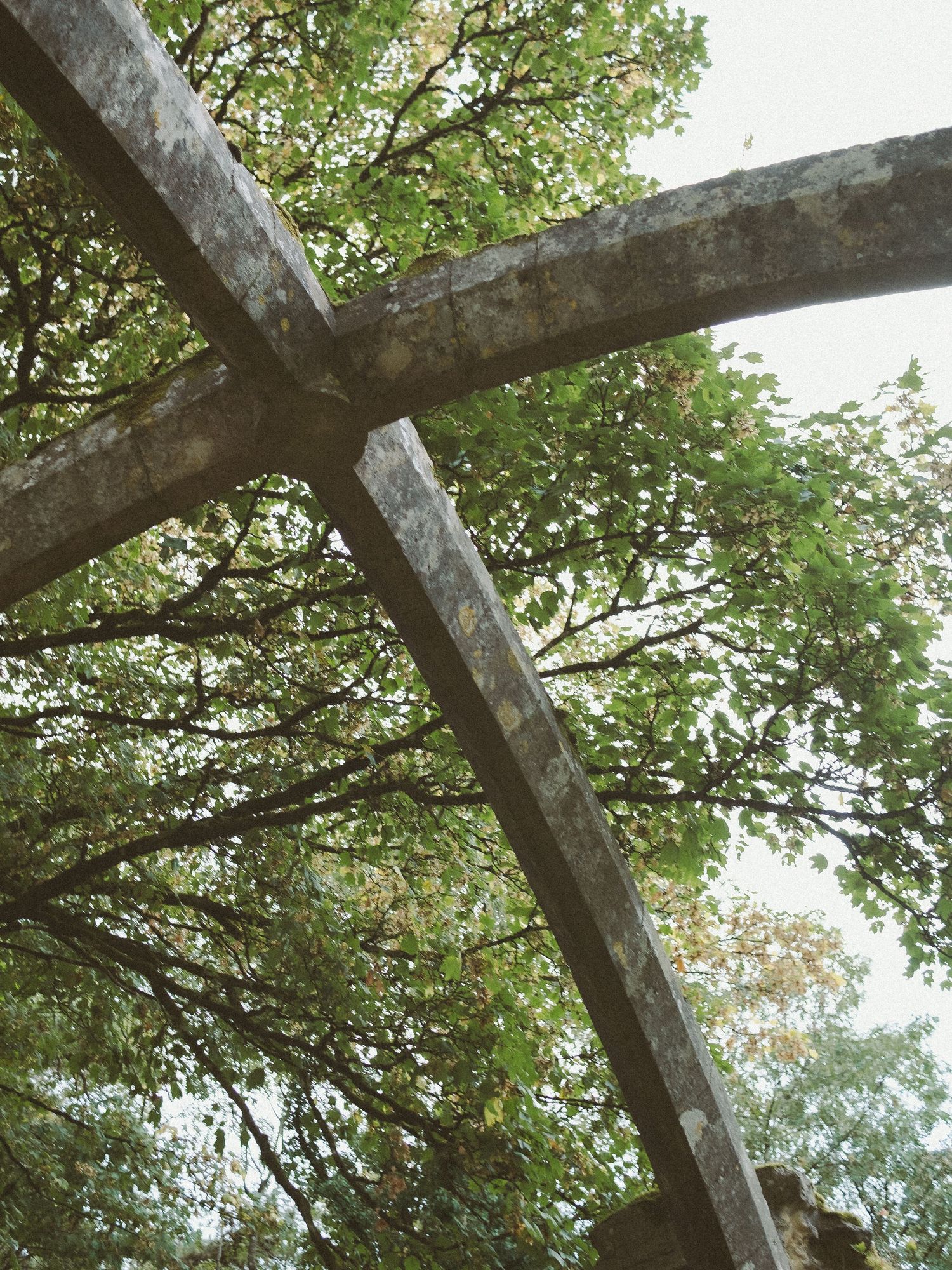 Low angle view of weathered concrete cross structure framed against leafy green trees.