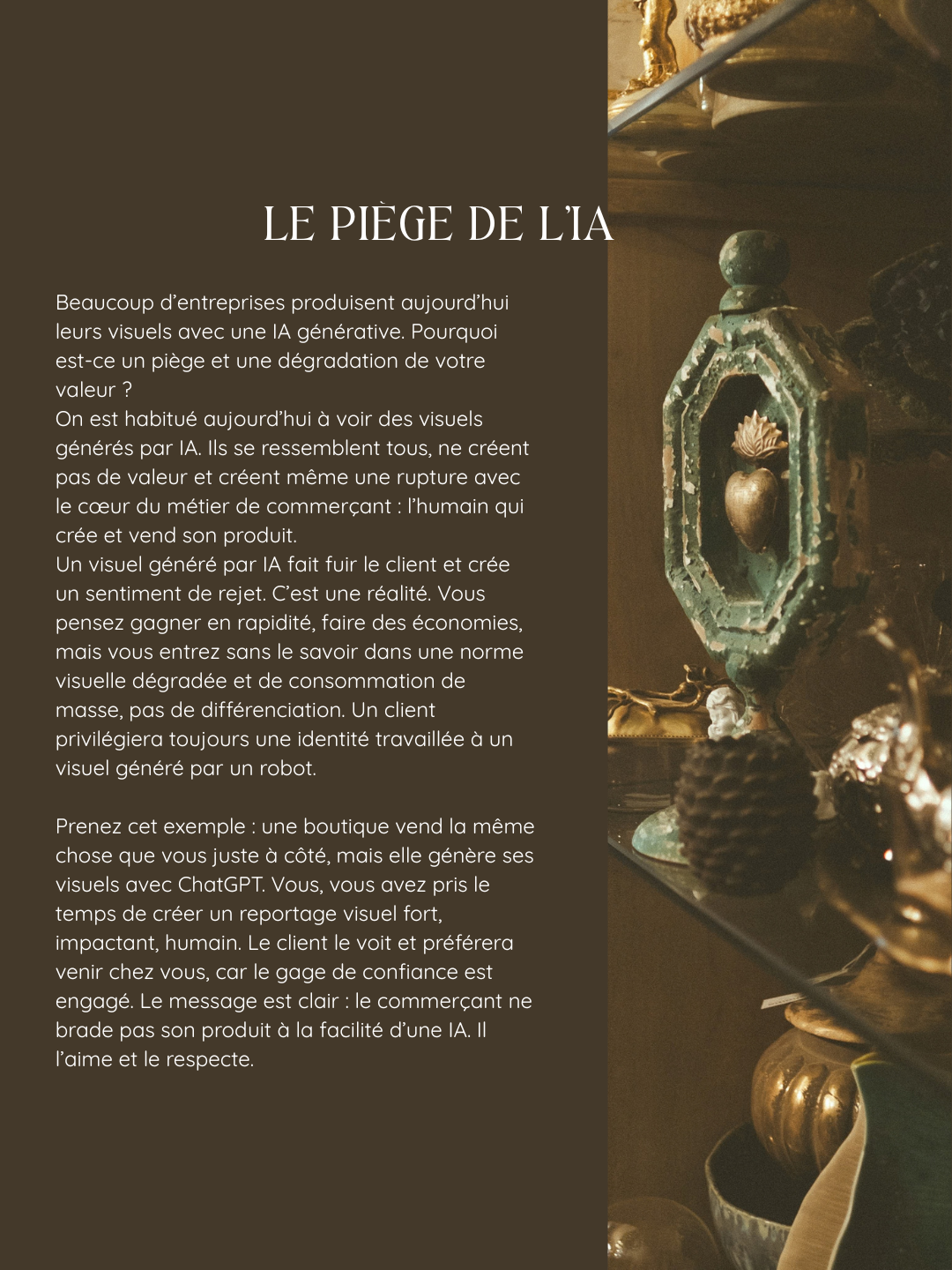 French article about AI pitfalls featuring decorative golden statues and elegant typography on a dark background.