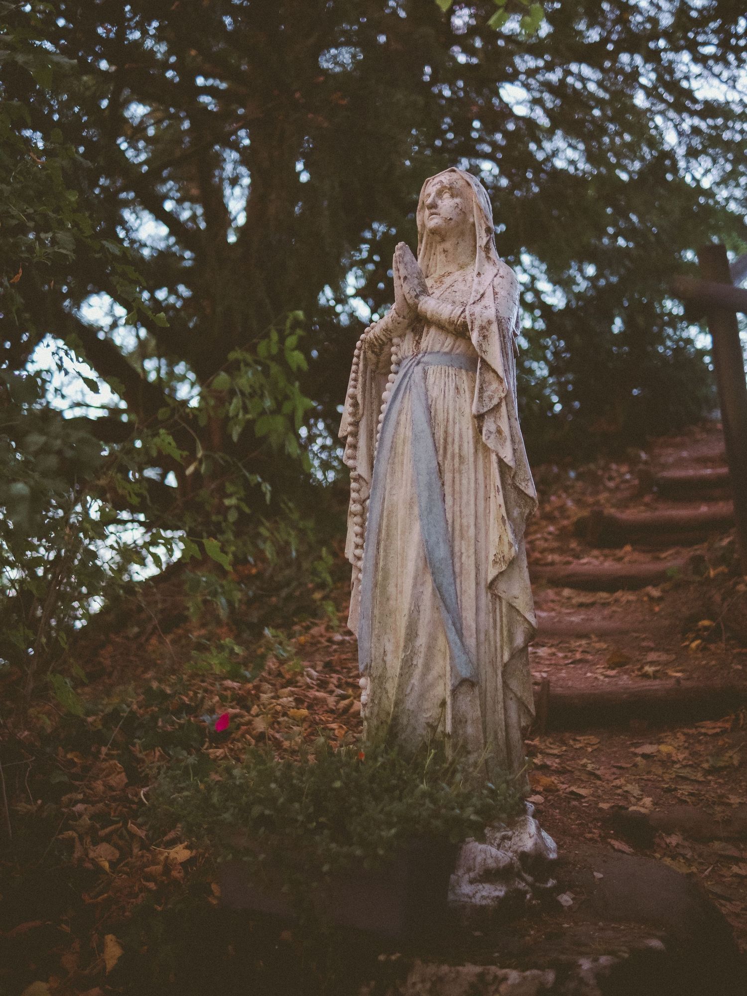 Weathered stone Virgin Mary statue with rosary beads stands among autumn leaves and garden steps.