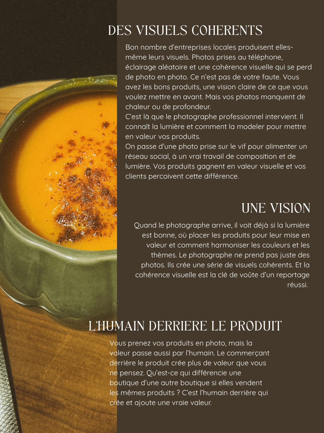 A warm bowl of creamy orange soup beside a rustic green ceramic pot on a wooden surface, with French text about visual branding.