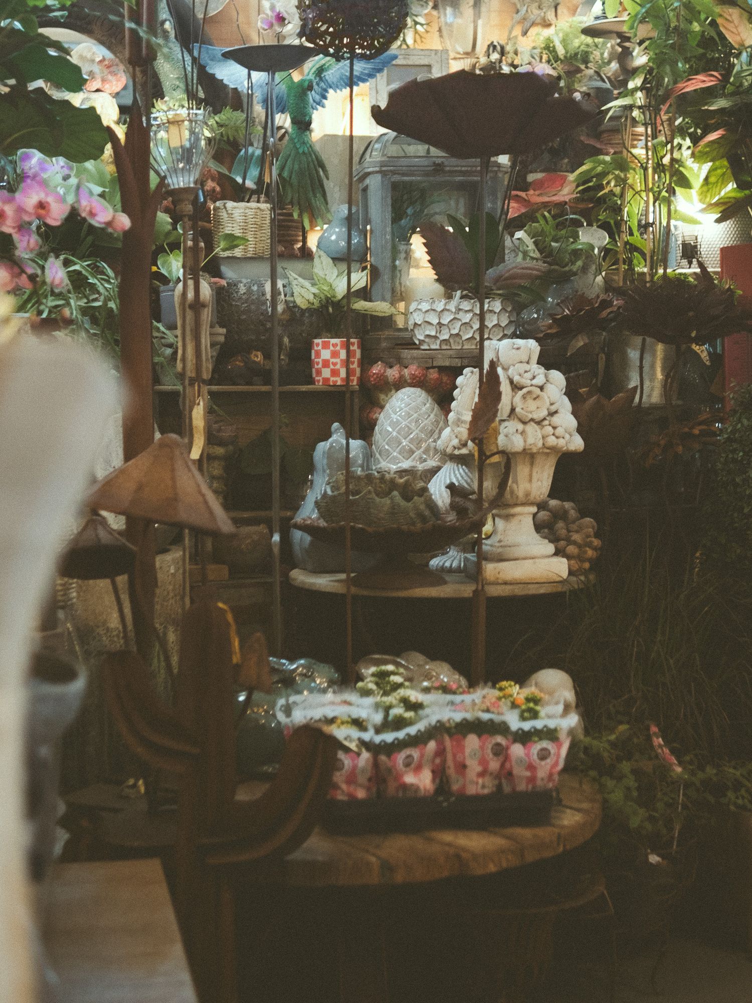 Eclectic garden shop display with white angel statues, decorative figurines, lush plants, and vintage shelving in a cozy interior.