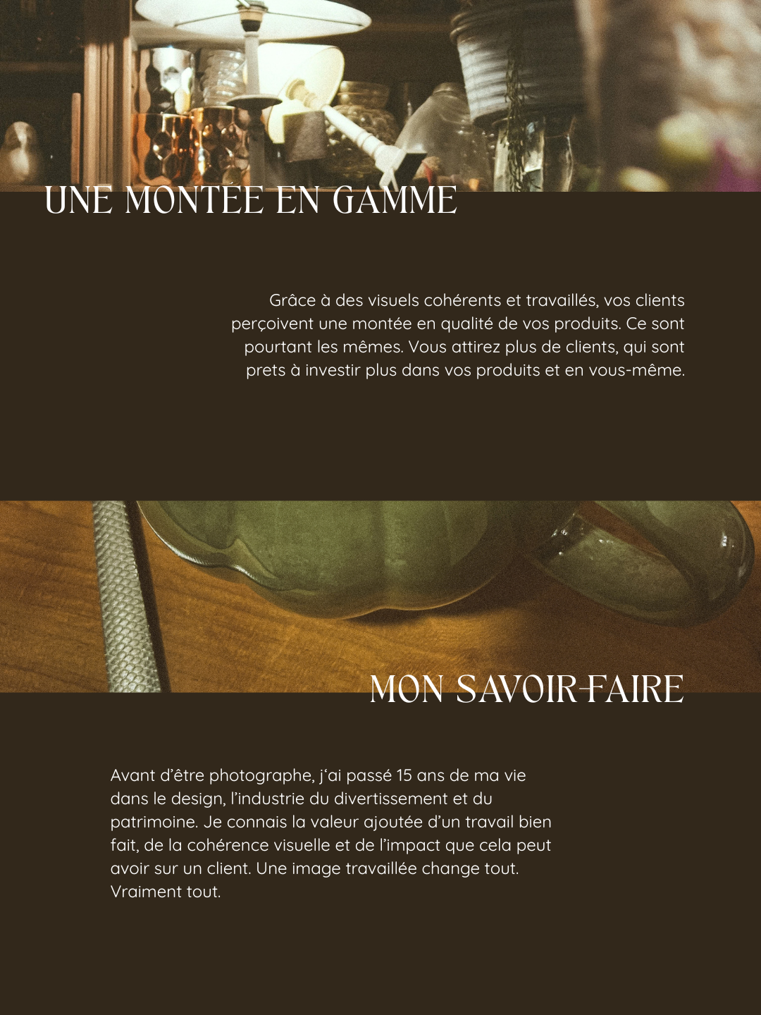 Elegant dark-toned photography portfolio page featuring vintage glasses and warm lighting showcasing premium visual branding services.