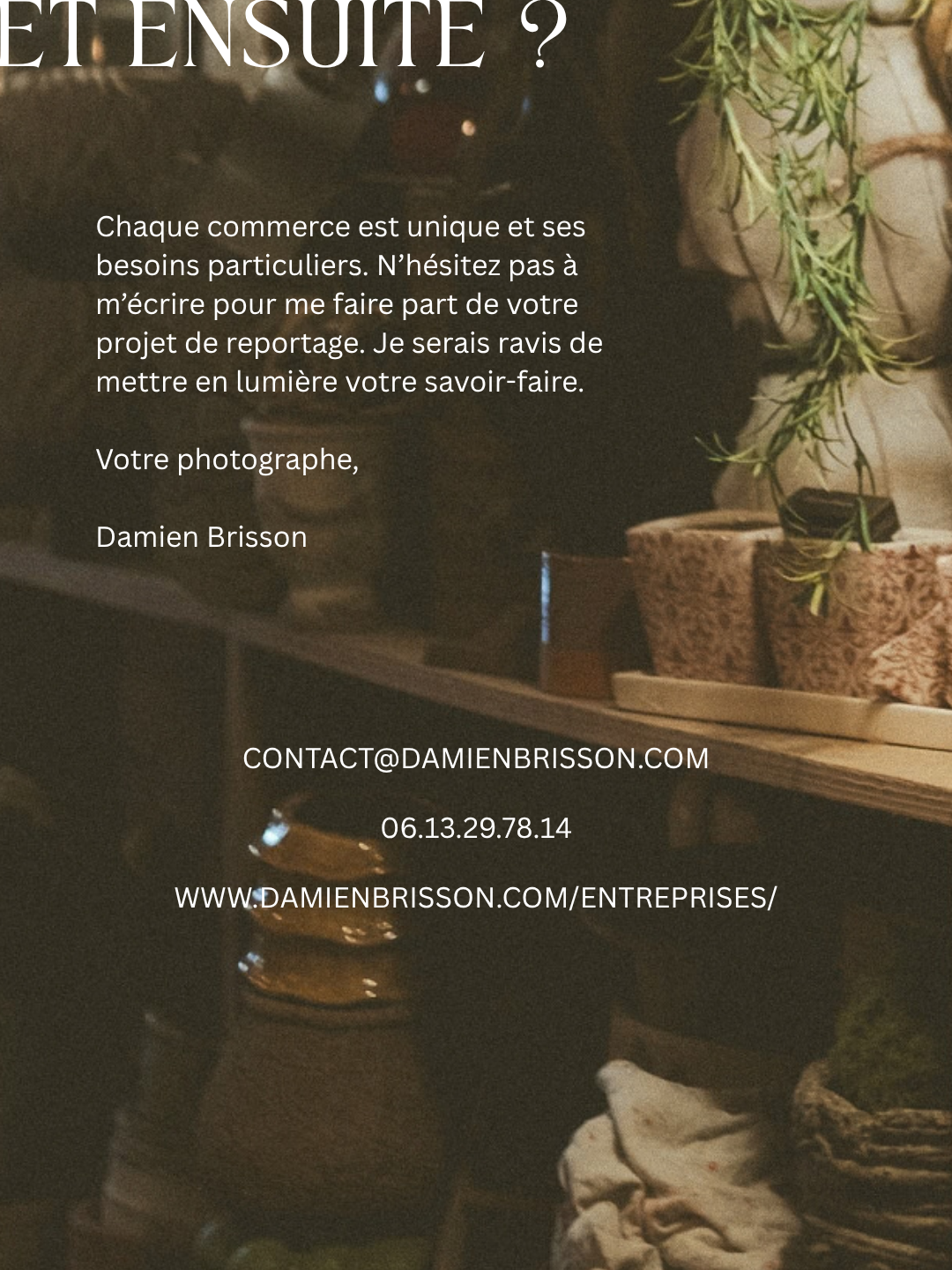 French photographer Damien Brisson promotional card with contact details on dark moody background with plants.