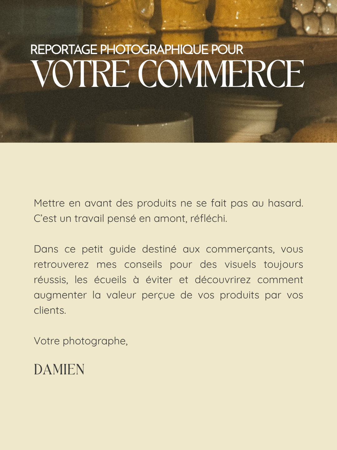 French photography guide cover featuring ceramic pottery and text about commercial product photography services by photographer Damien.