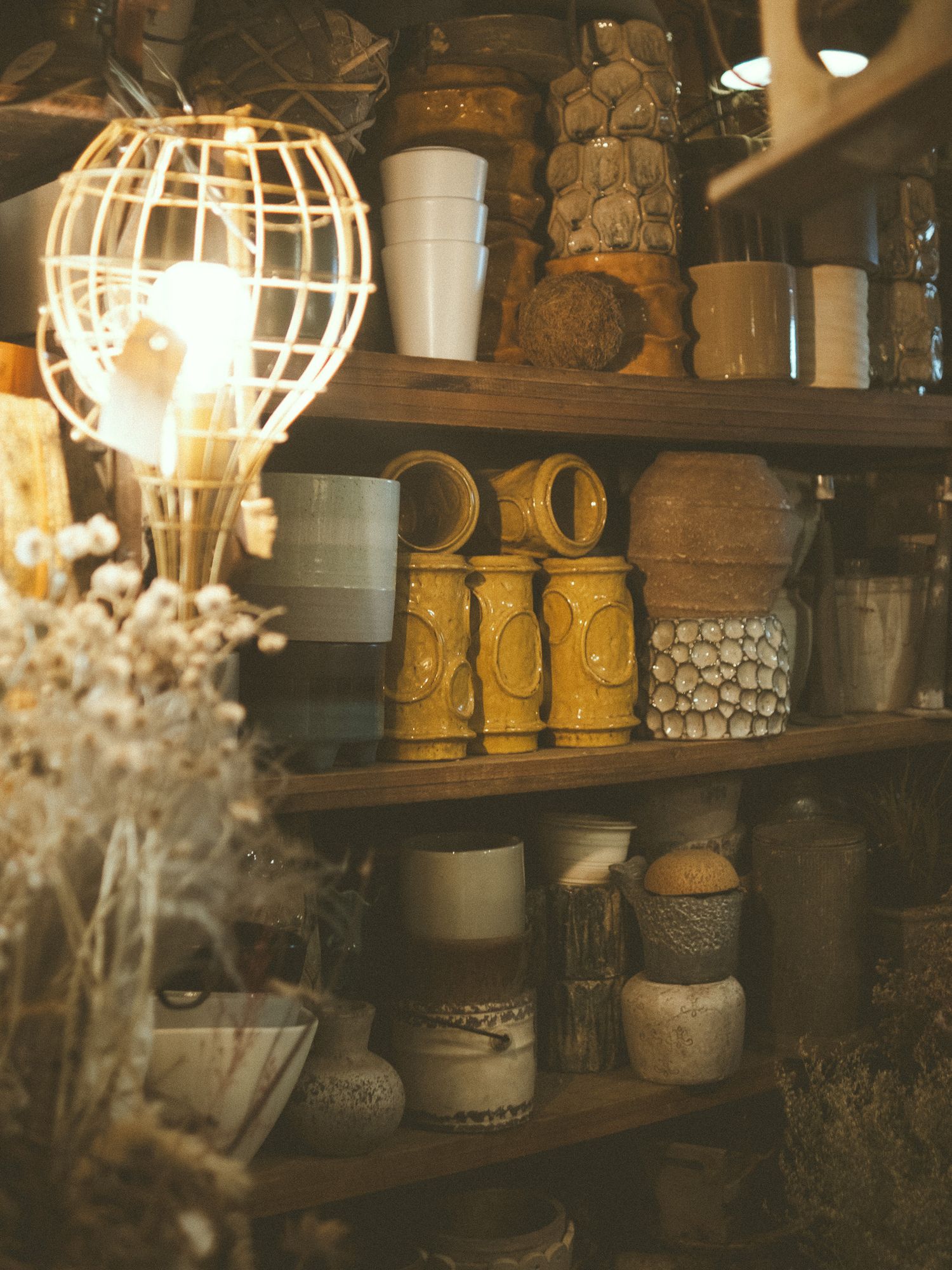 Rustic wooden shelves filled with ceramic pots, vases, and bowls lit by a wire cage bulb.