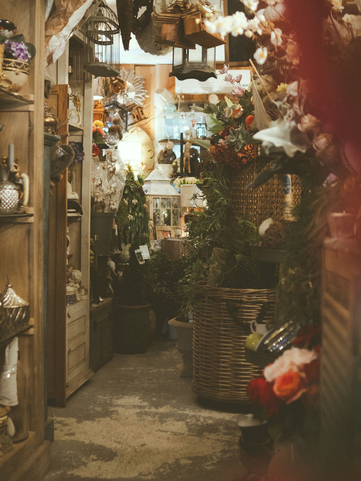 Cozy antique shop aisle filled with wicker baskets, artificial flowers, plants, and decorative collectibles on wooden shelves.