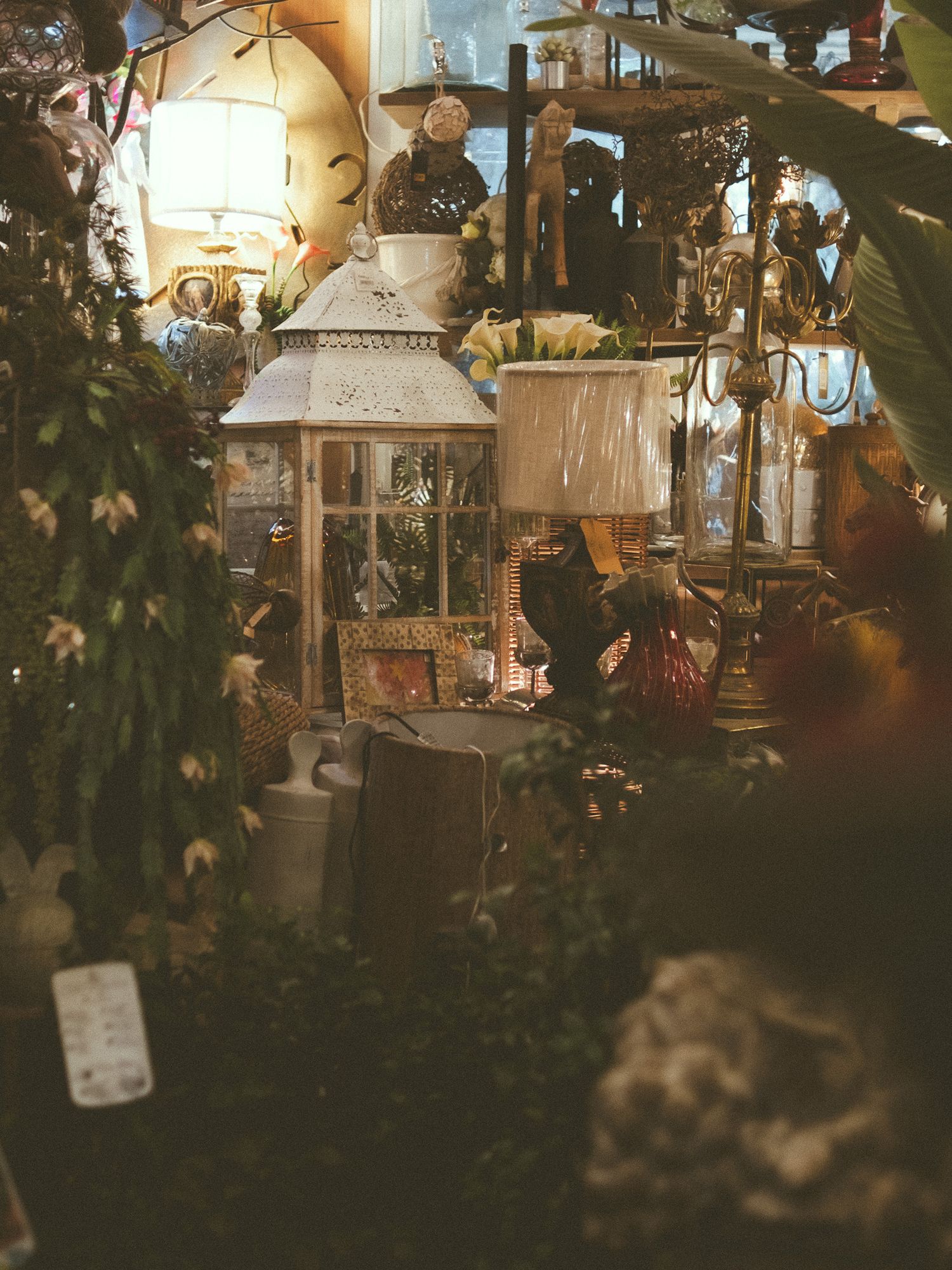 Eclectic antique shop display with vintage lanterns, lamps, and decorative figurines surrounded by lush greenery.