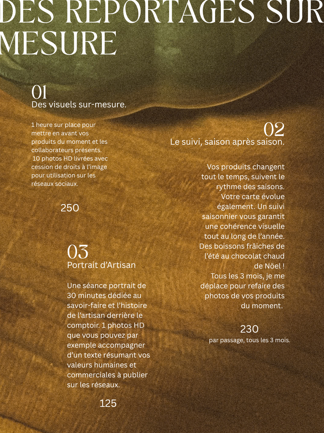 French photography services brochure featuring custom reportage packages with pricing options 125, 230, and 250 on warm toned background.