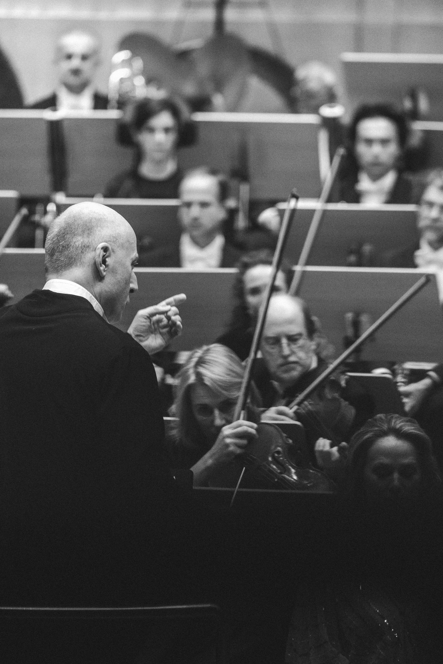 Black and white photo of an orchestra conductor leading musicians playing violins during a classical performance.