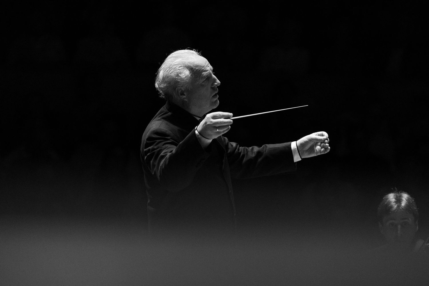 Black and white photo of an orchestra conductor passionately directing with a baton in formal attire.