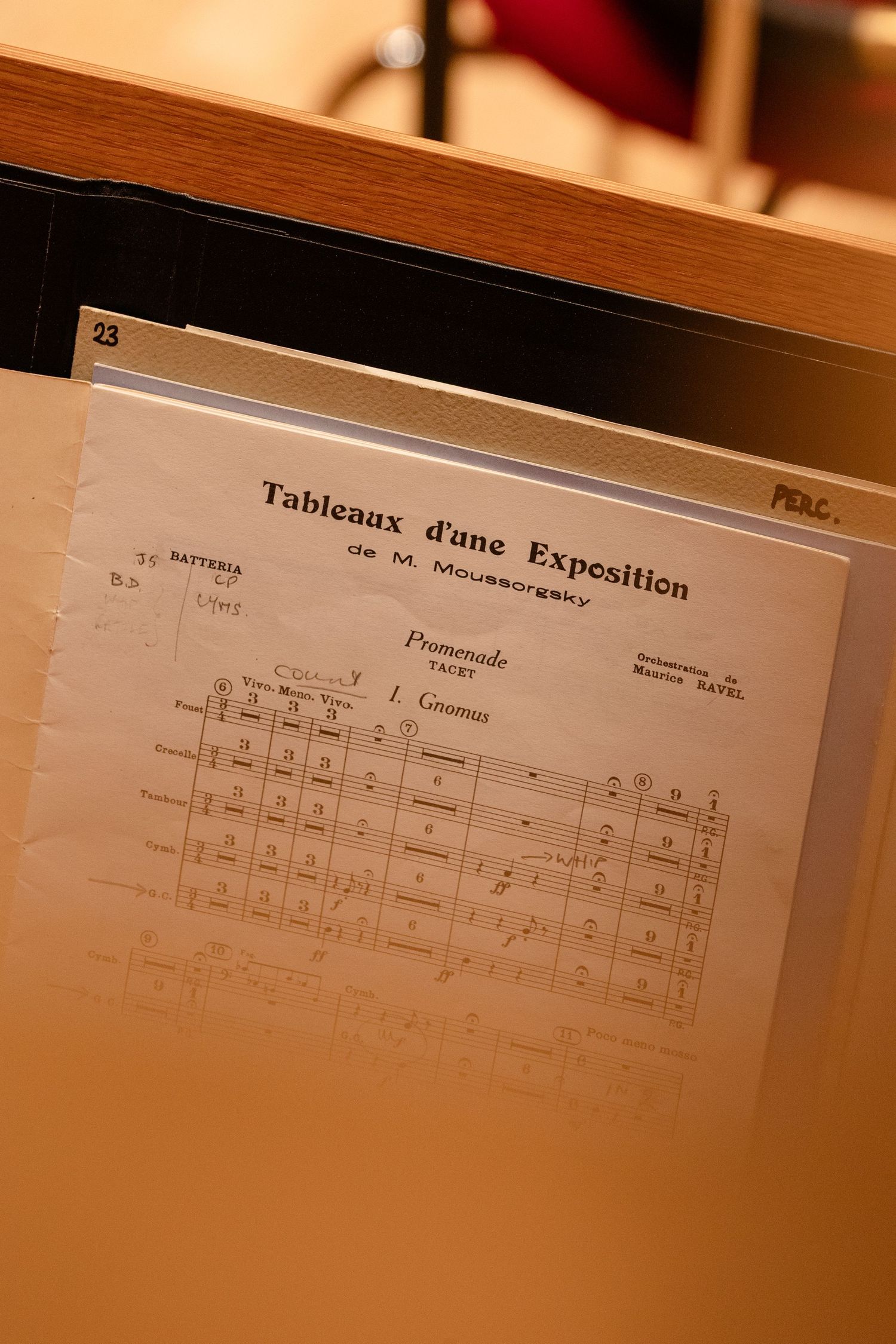 Sheet music for Tableaux d'une Exposition by Mussorgsky, orchestrated by Ravel, open to Promenade and Gnomes.