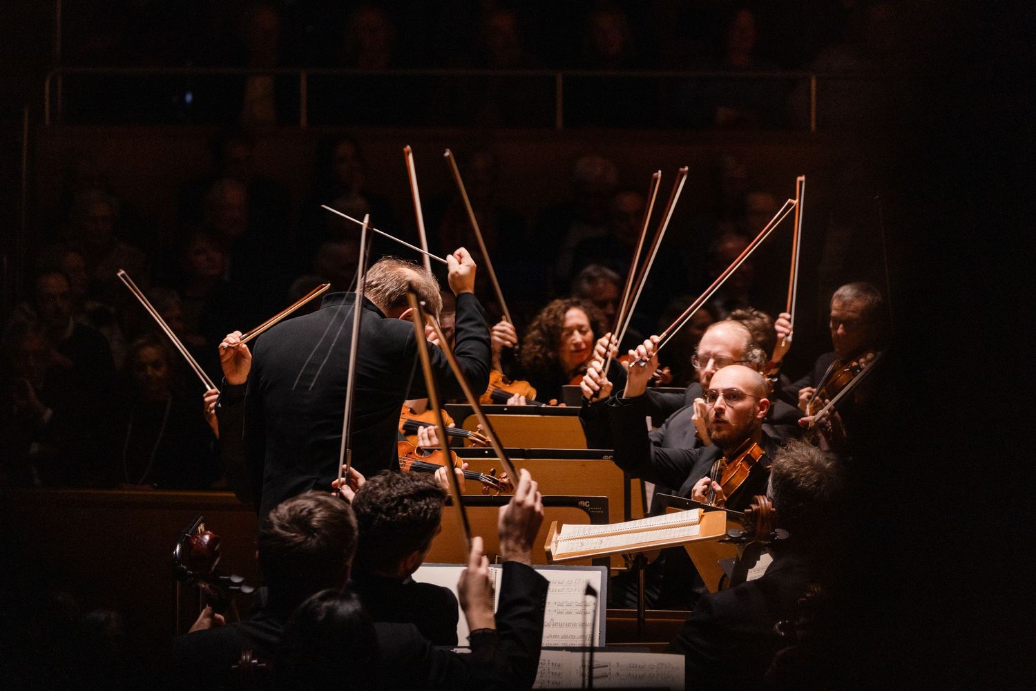 Orchestra musicians raise bows during a dramatic live symphony performance under warm stage lighting.