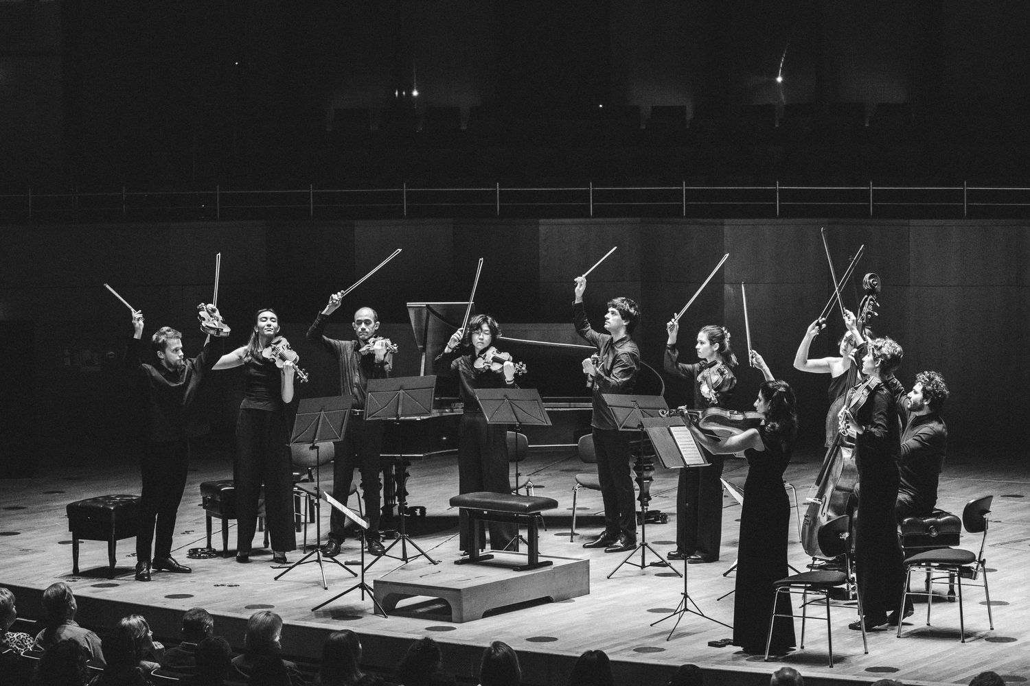 Black and white photo of a chamber orchestra performing on stage, bowing with raised bows in a concert hall.