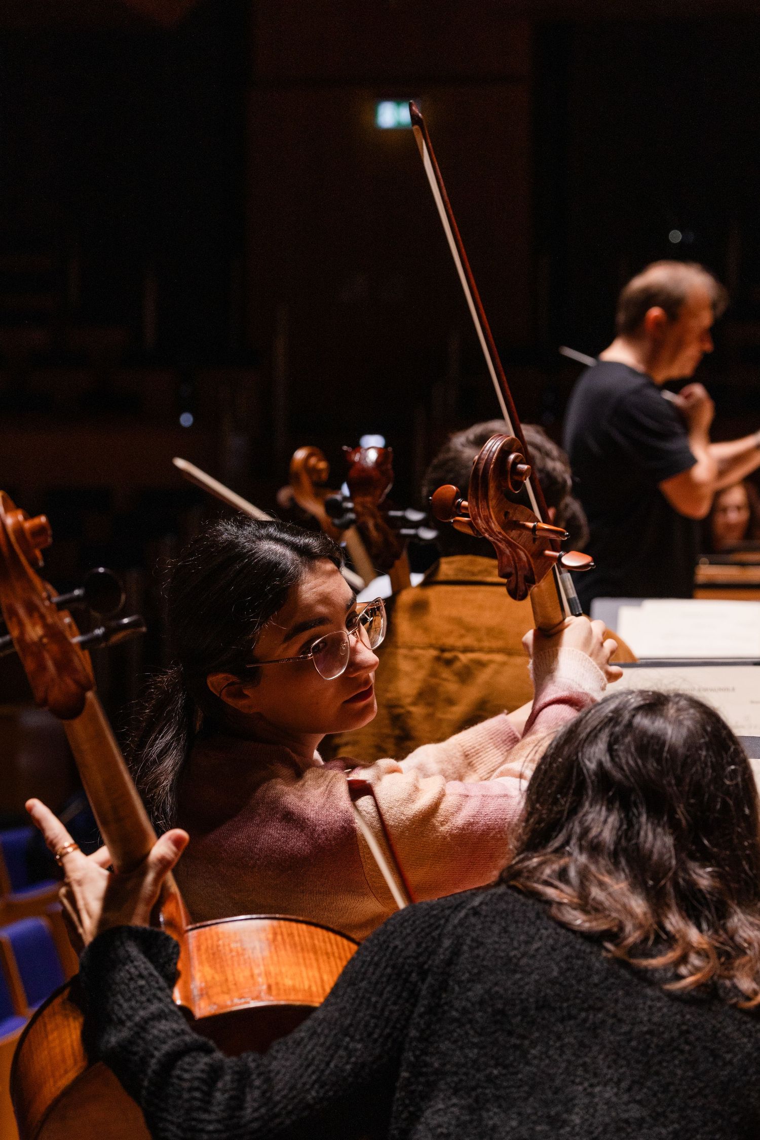 Two musicians playing string instruments during an orchestra rehearsal in a concert hall.