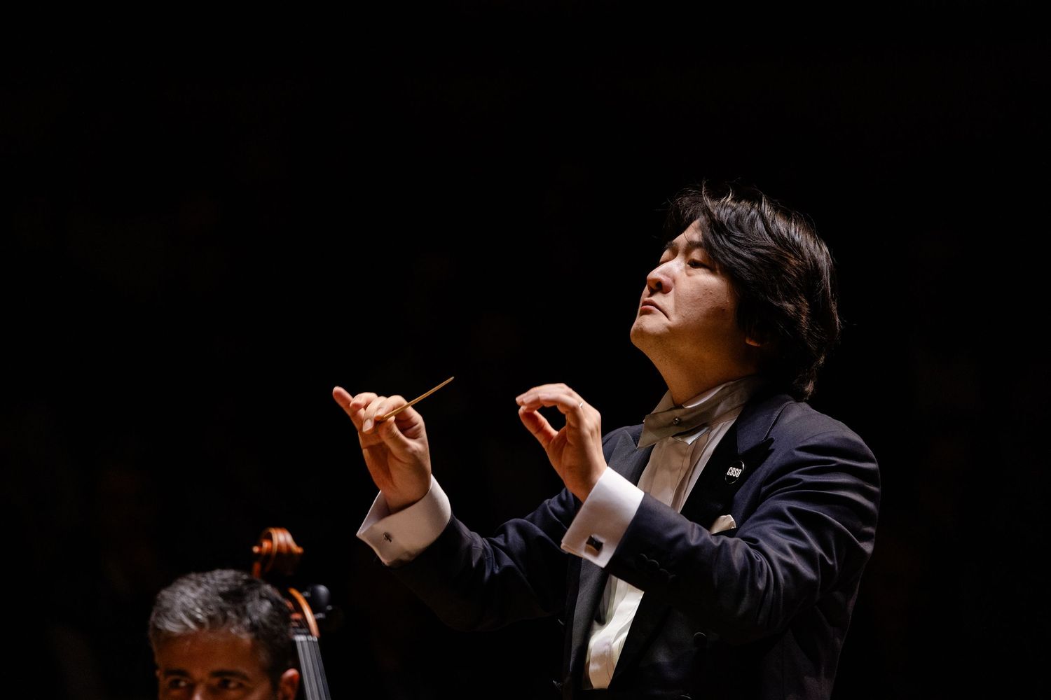 Orchestra conductor in formal attire passionately directing a performance, holding a baton against a dark background.