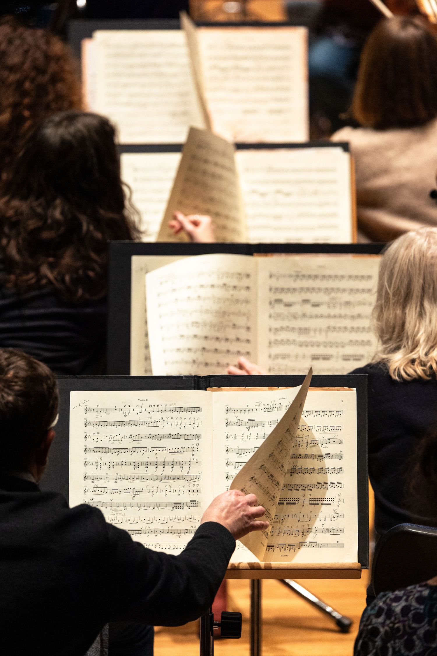 Orchestra musicians reading sheet music on stands during a classical music rehearsal or performance.