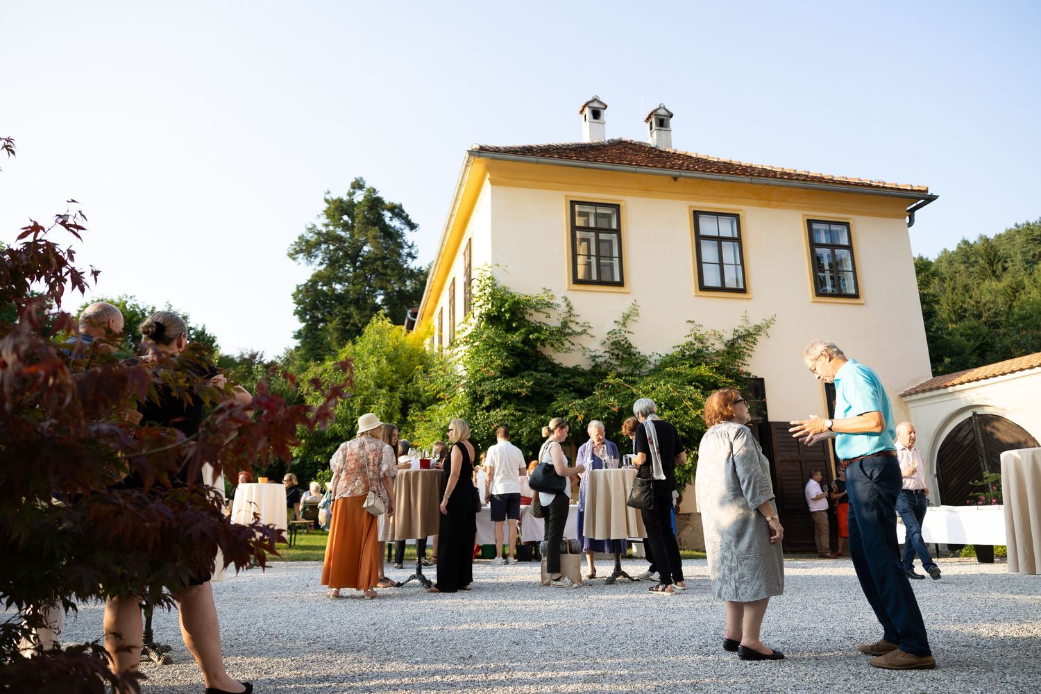 Guests gather outside a yellow European villa during an elegant outdoor reception on a warm summer evening.