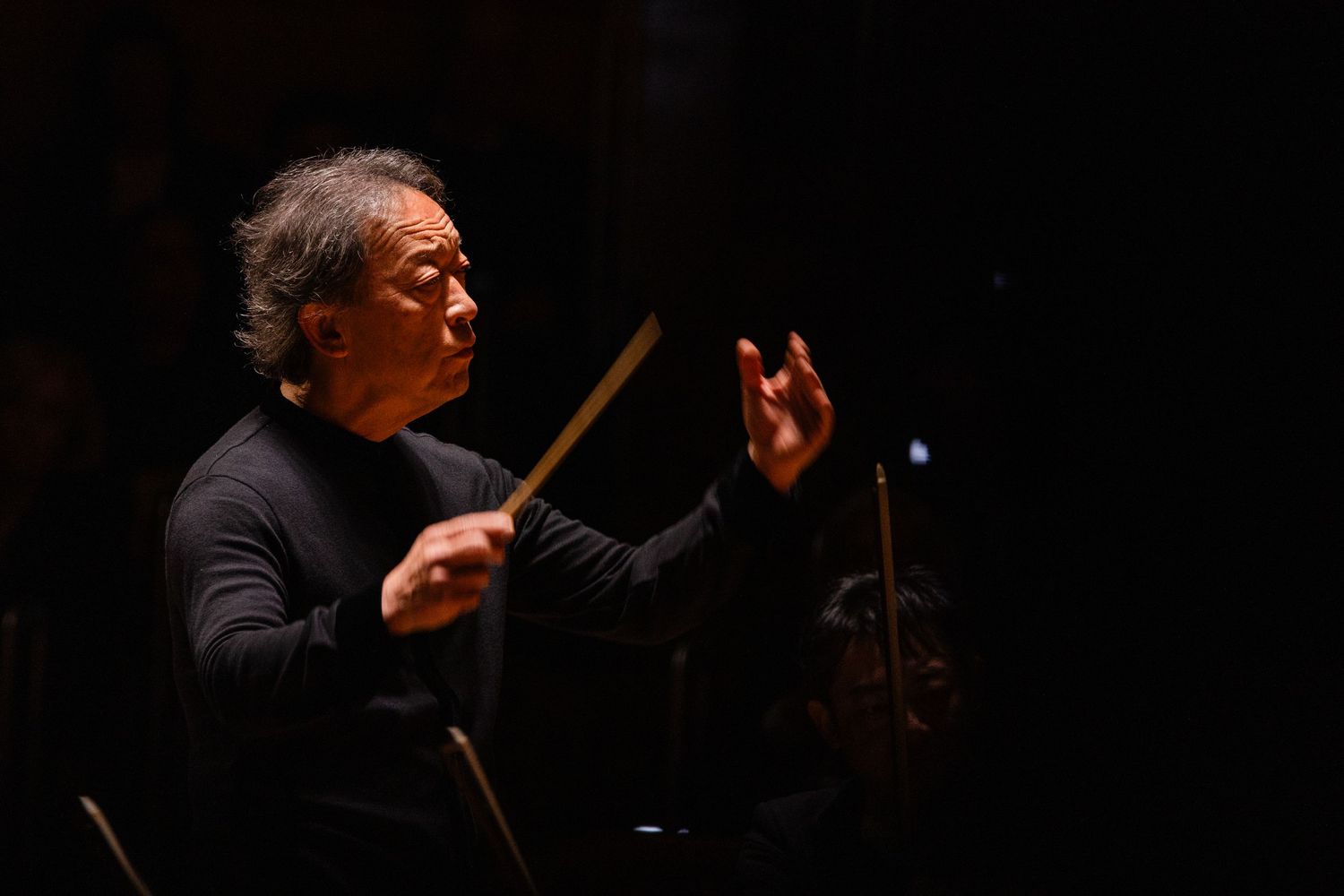 Orchestra conductor passionately directing musicians on stage, holding a baton with dramatic hand gestures in dim concert hall lighting.