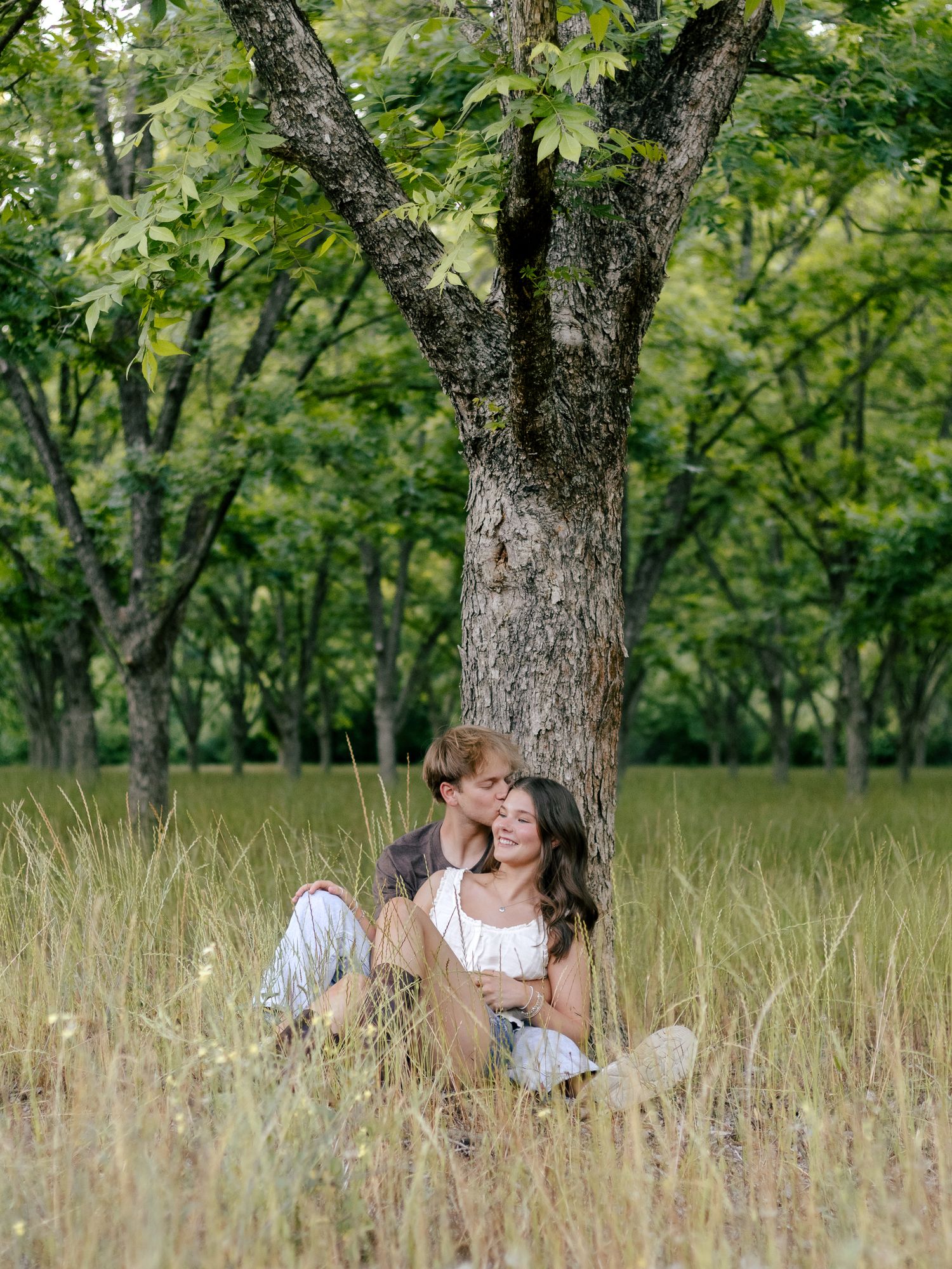 A smiling couple sits close together in tall golden grass, leaning against a large tree trunk in a peaceful green orchard.