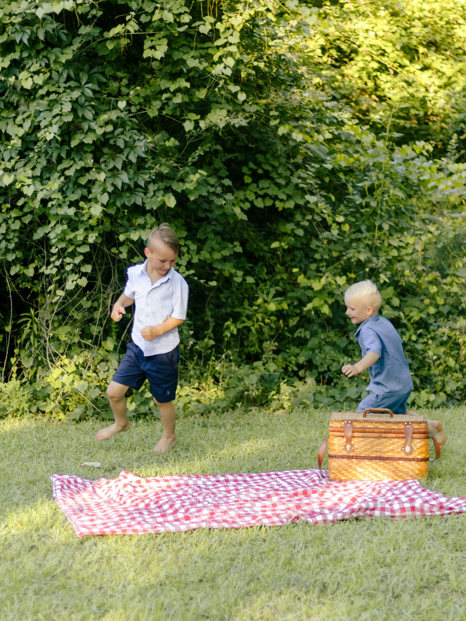 Two young boys play on green grass near a red gingham picnic blanket and a wicker basket, with leafy bushes in the background.