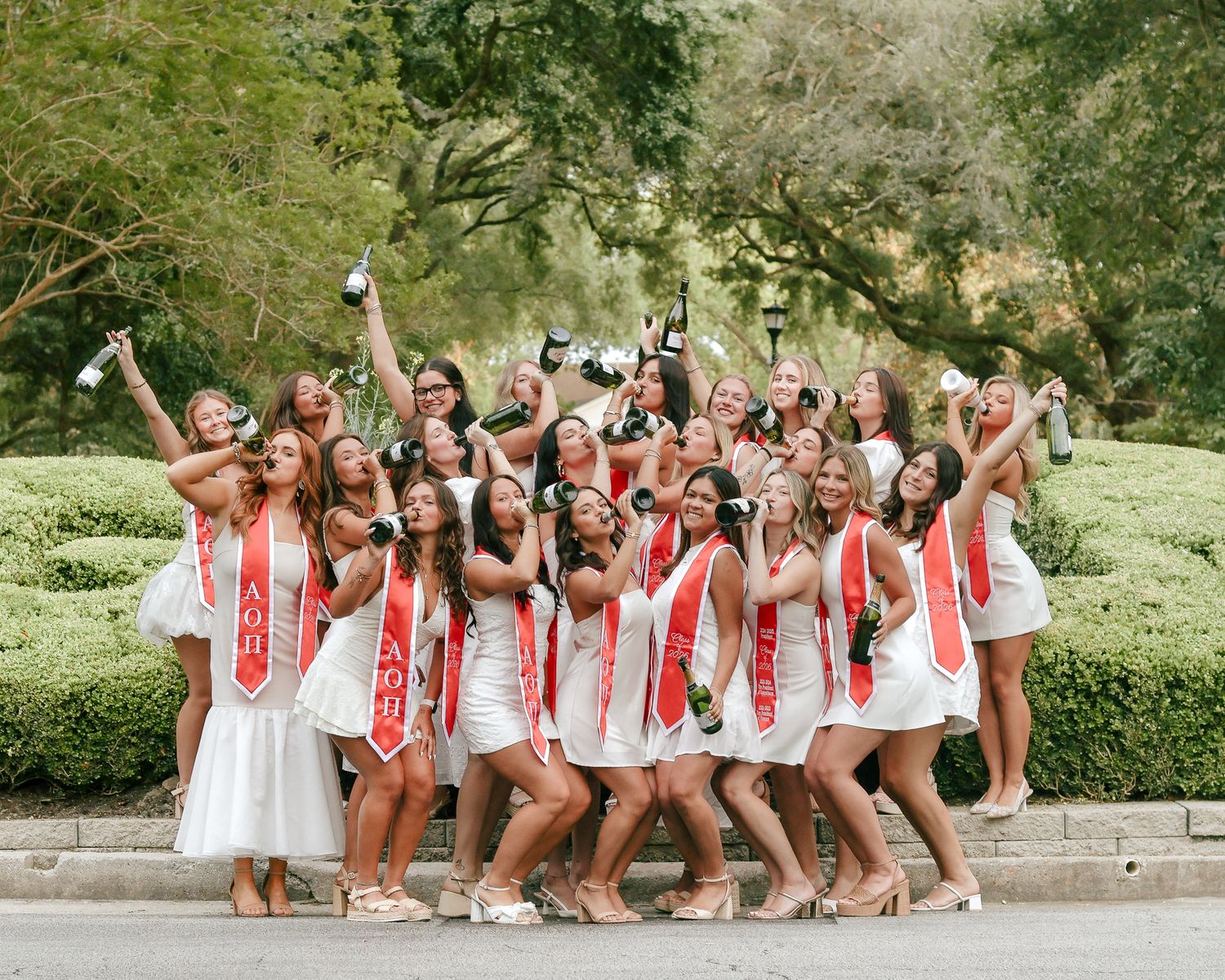 Group of women in white dresses with red sashes pose and cheer outdoors, spraying champagne bottles in front of green hedges and trees.