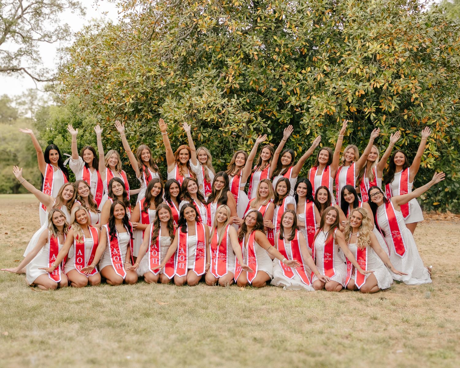 Large group of women in white dresses and red sashes posing together on a grassy lawn under a leafy tree.