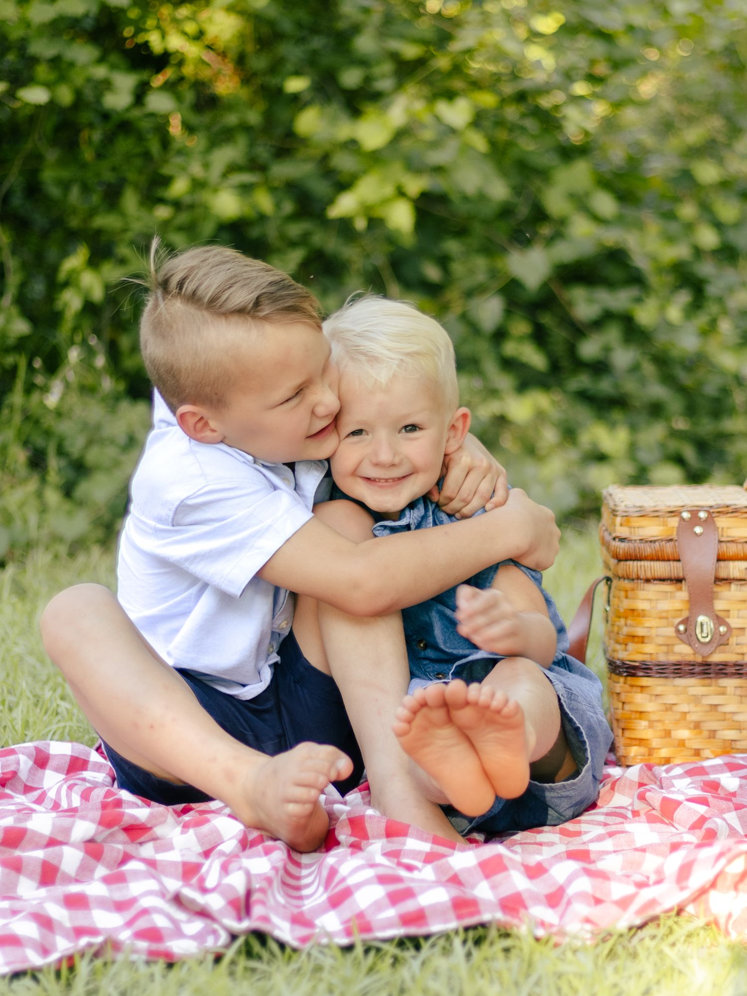 Two young boys hug and smile on a red gingham picnic blanket in the grass beside a wicker basket on a sunny day.