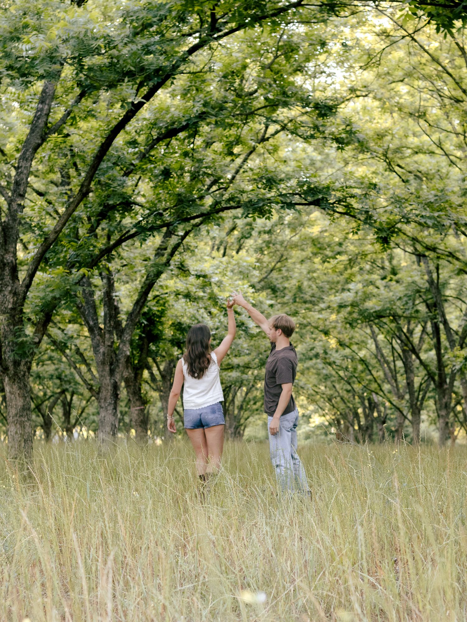 Couple holding hands and dancing in a tall grass field beneath a canopy of leafy trees in a sunlit orchard.