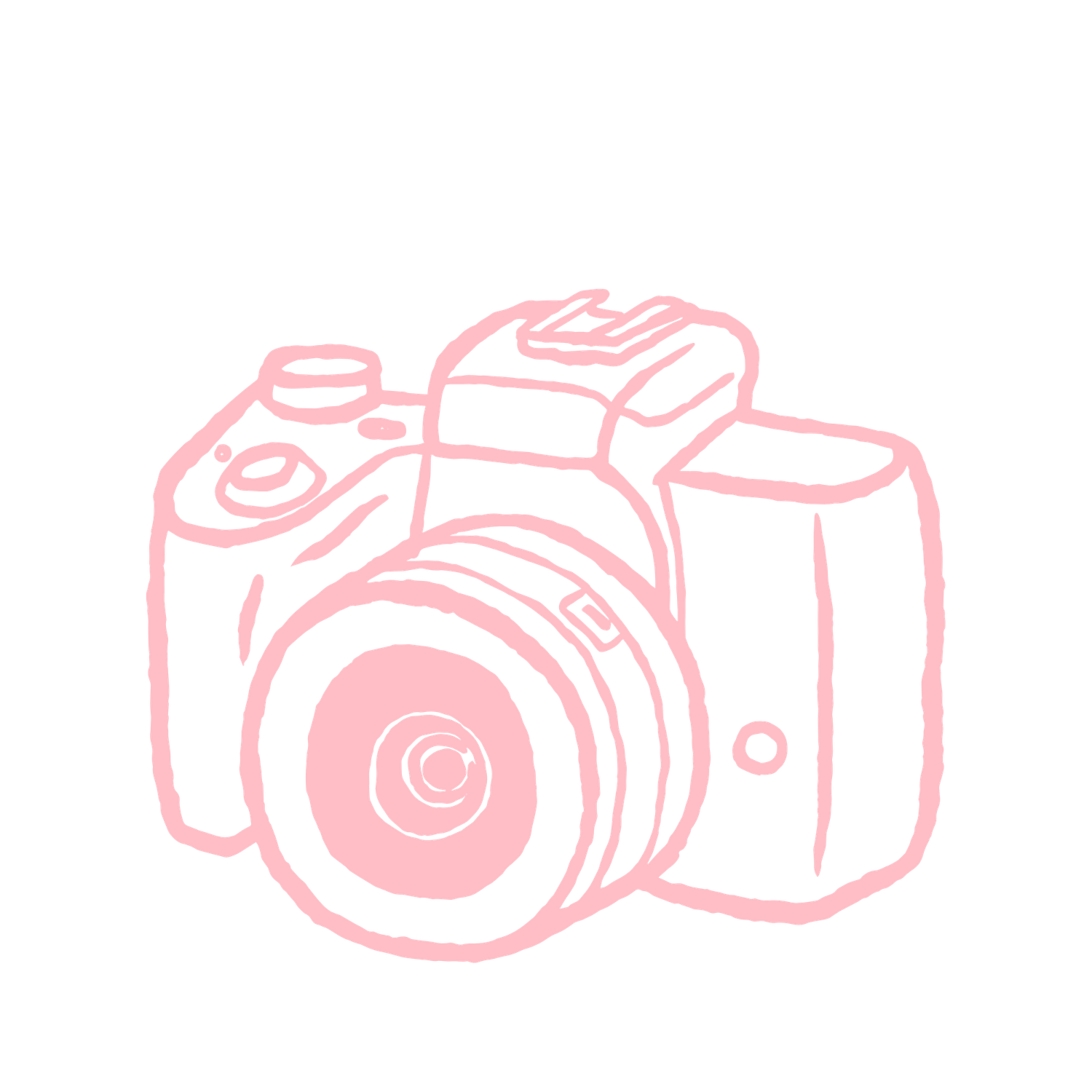 Pink line-art illustration of a mirrorless digital camera with a large lens, flash hot shoe, and control dials on a white background.