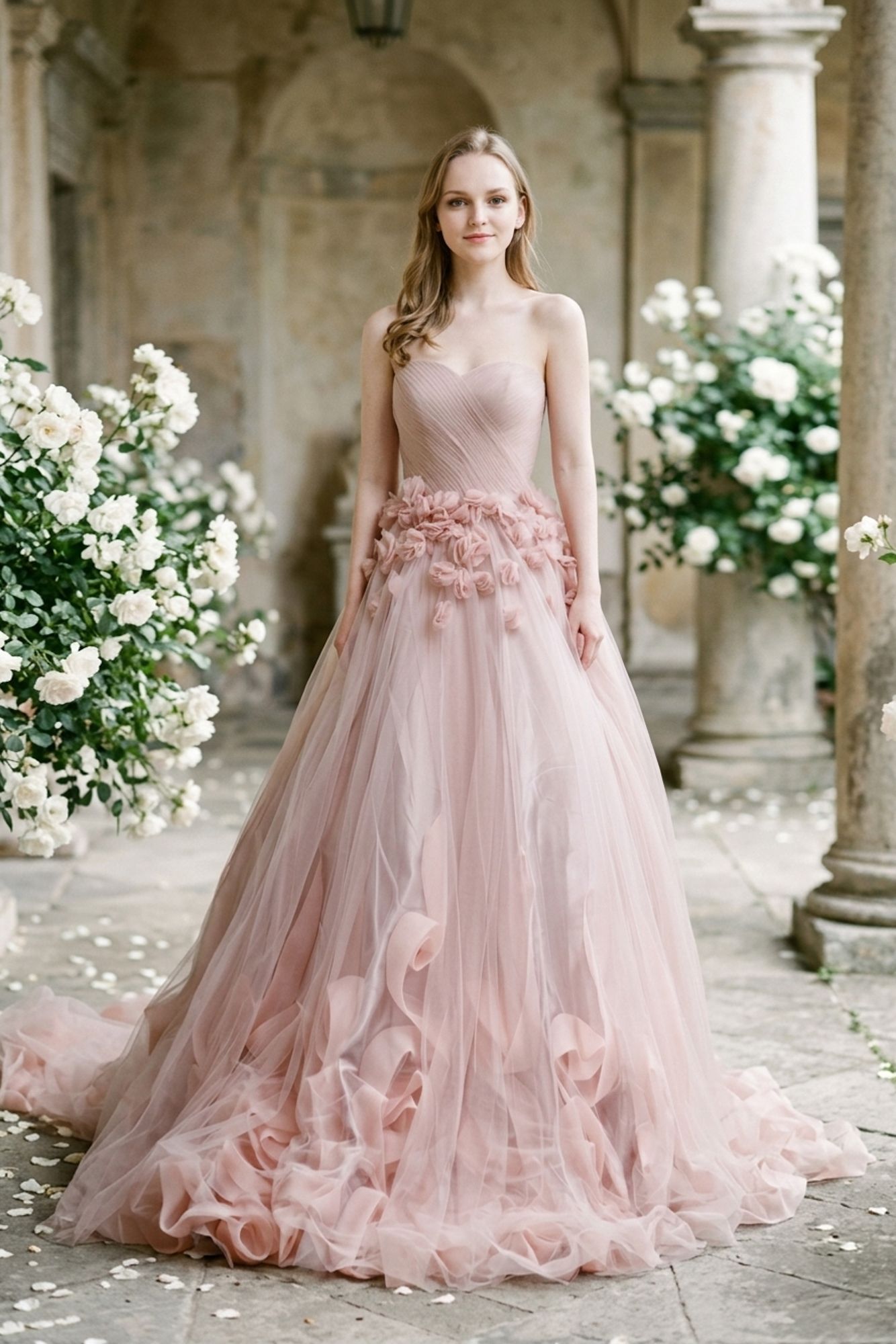 Elegant blush pink tulle ball gown with floral waist detail, worn by a blonde model in a romantic garden setting.
