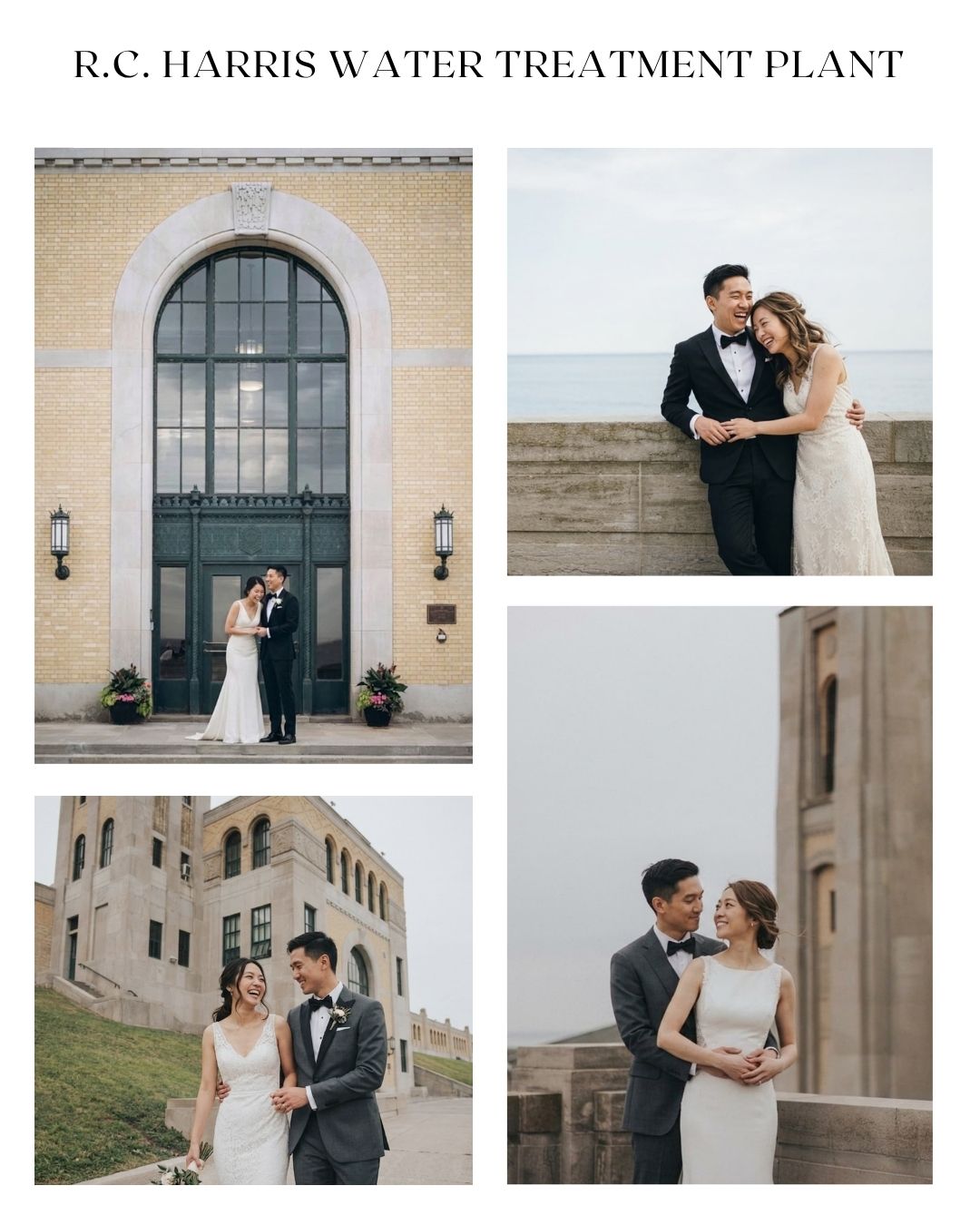 Wedding couple posing at R.C. Harris Water Treatment Plant, bride in white gown and groom in black tuxedo.