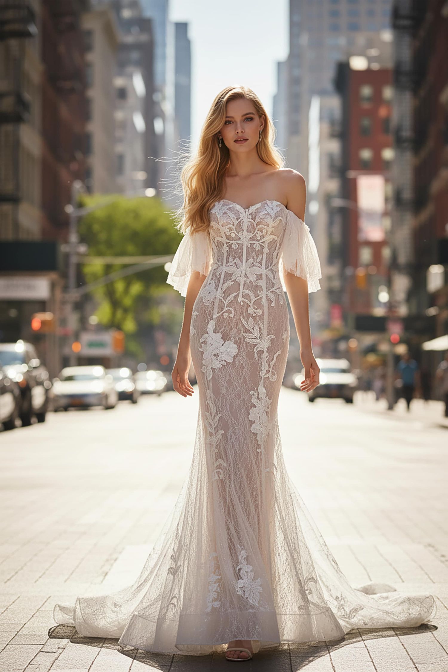 Bride in off-shoulder lace mermaid wedding gown posing on a sunny city street.