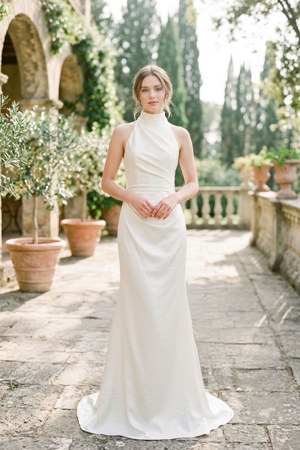 Elegant bride in a minimalist white halter neck wedding gown with high collar, posing in a lush garden terrace.