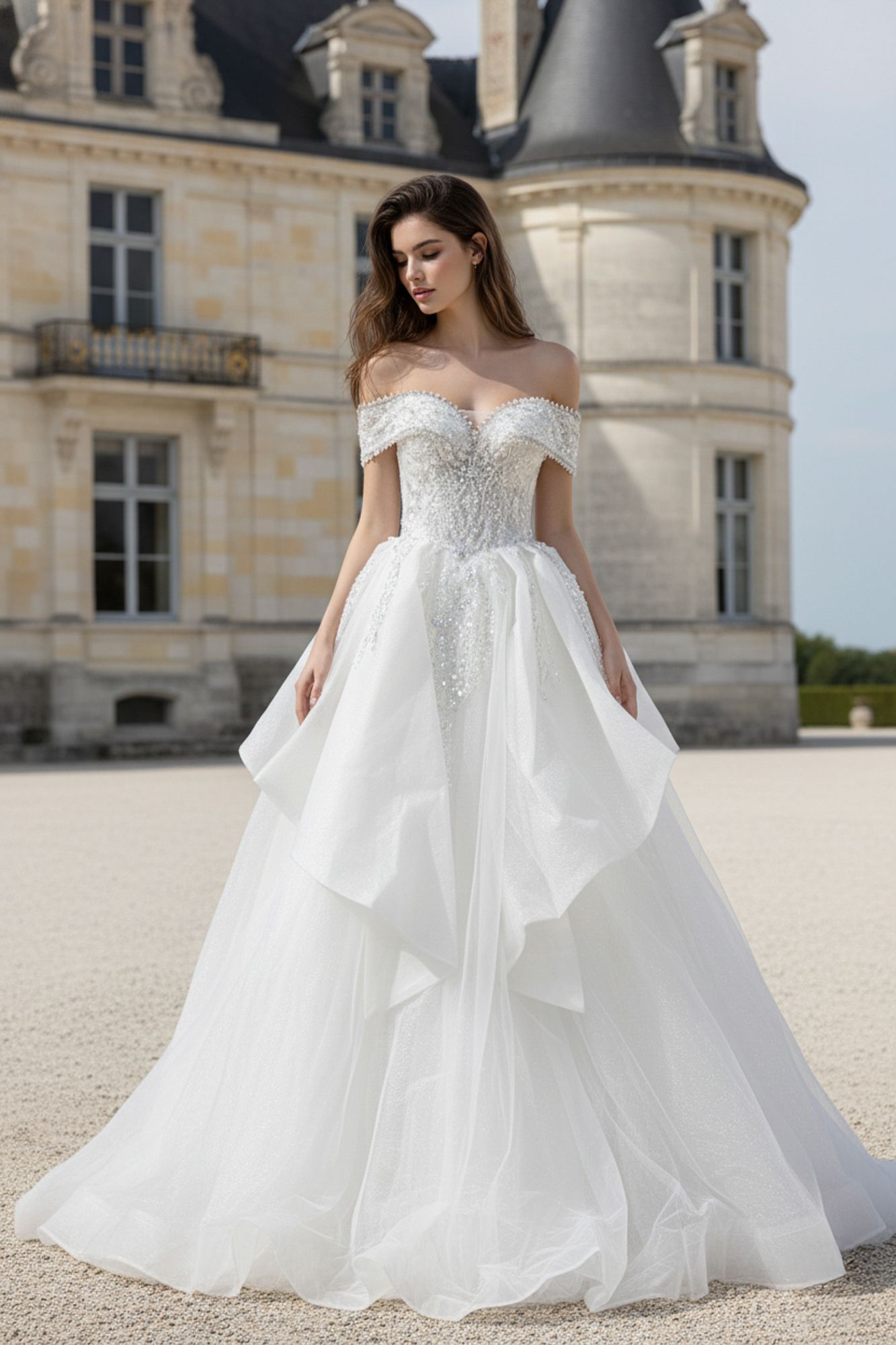 Elegant off-shoulder ball gown wedding dress with beaded bodice and layered tulle skirt, posed before a French château.
