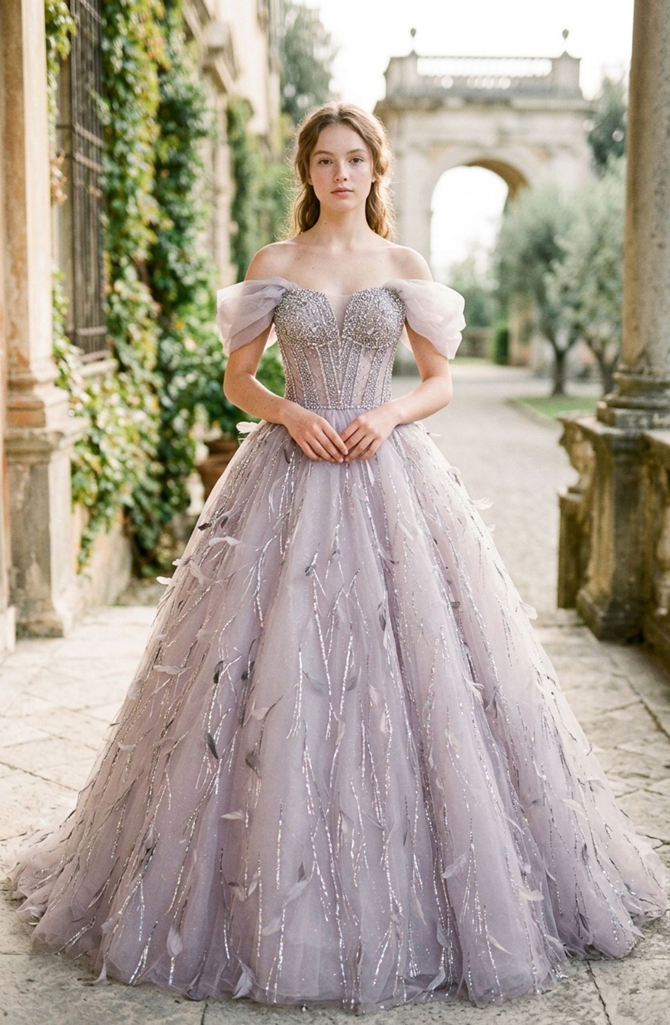 Woman in lavender off-shoulder ball gown with feather embellishments and beaded corset in elegant garden setting.