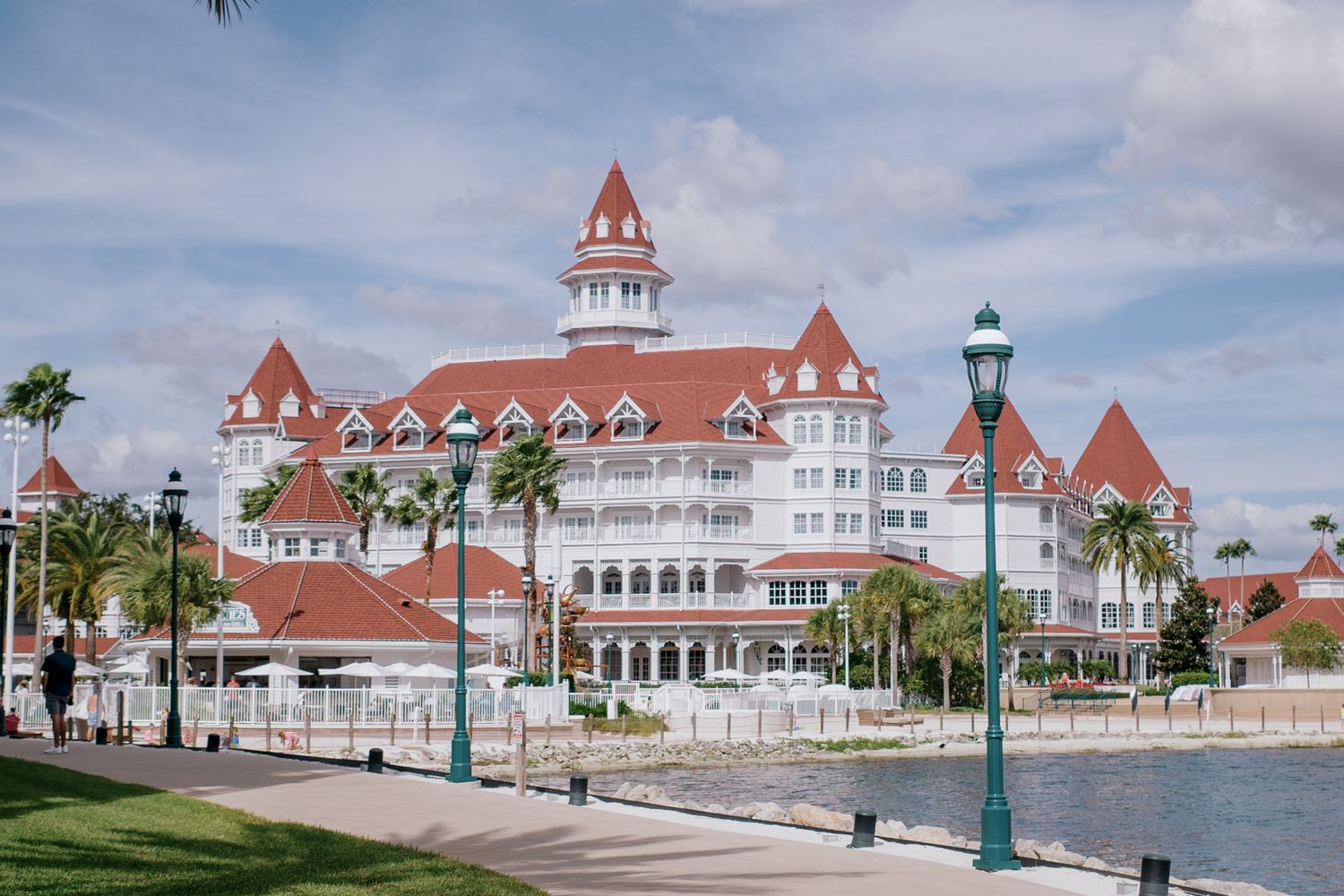 Grand Floridian Resort at Walt Disney World, a Victorian-style white hotel with red roofs beside a serene waterway.