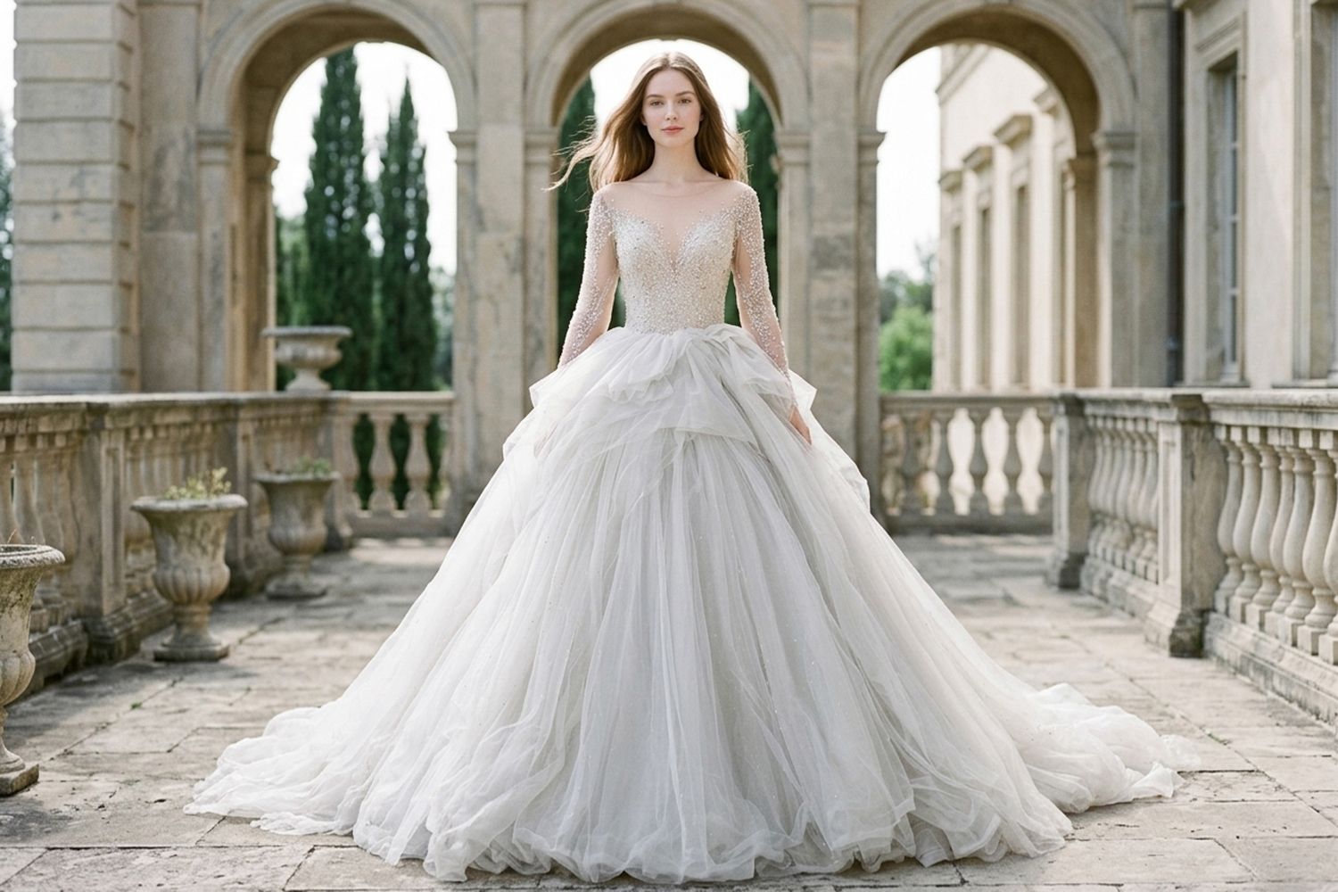 Elegant bride in a silver ball gown wedding dress with sheer bodice and flowing tulle skirt in a classical archway.