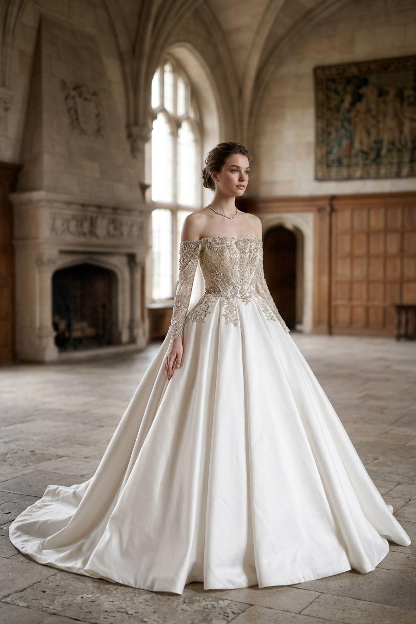 Elegant bride in off-shoulder ball gown with lace bodice and satin skirt in a grand castle hall.