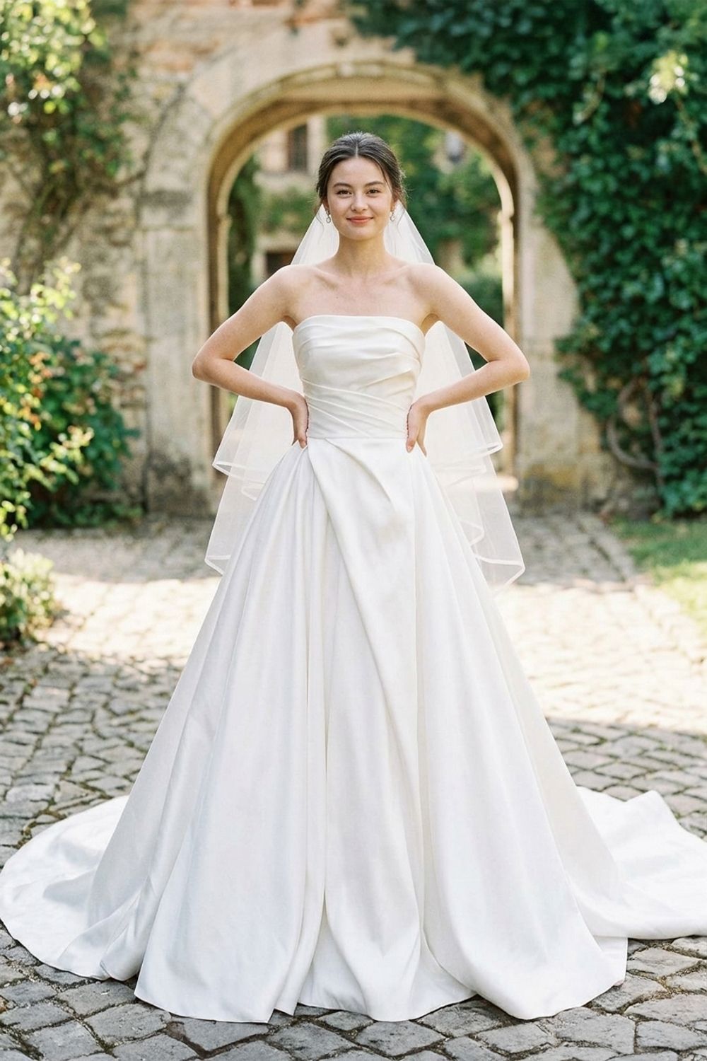 Bride in strapless white ball gown with veil poses on cobblestone path before stone arch with greenery.