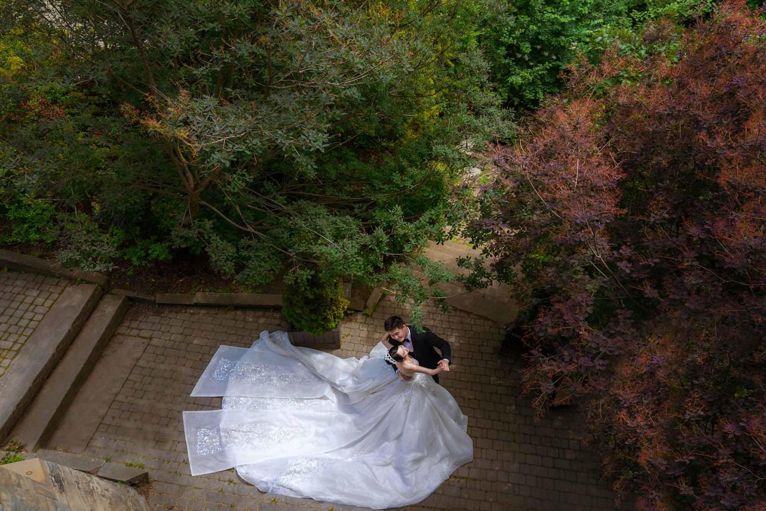 Aerial view of bride and groom embracing on a garden pathway surrounded by trees.