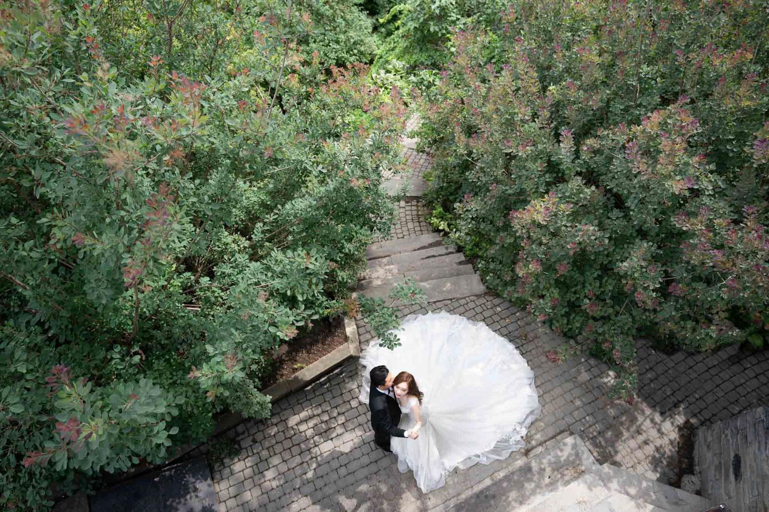 Aerial view of bride and groom embracing on a garden pathway surrounded by lush green trees.