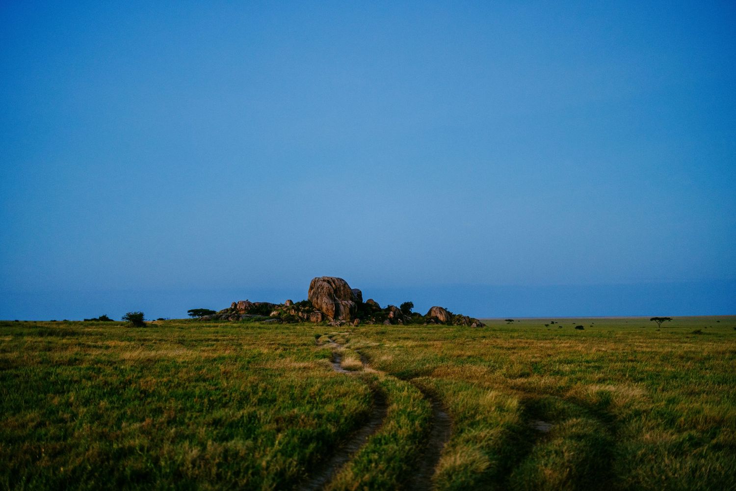 A dirt path leads through a vast green grassland toward a rocky outcrop under a clear blue sky.