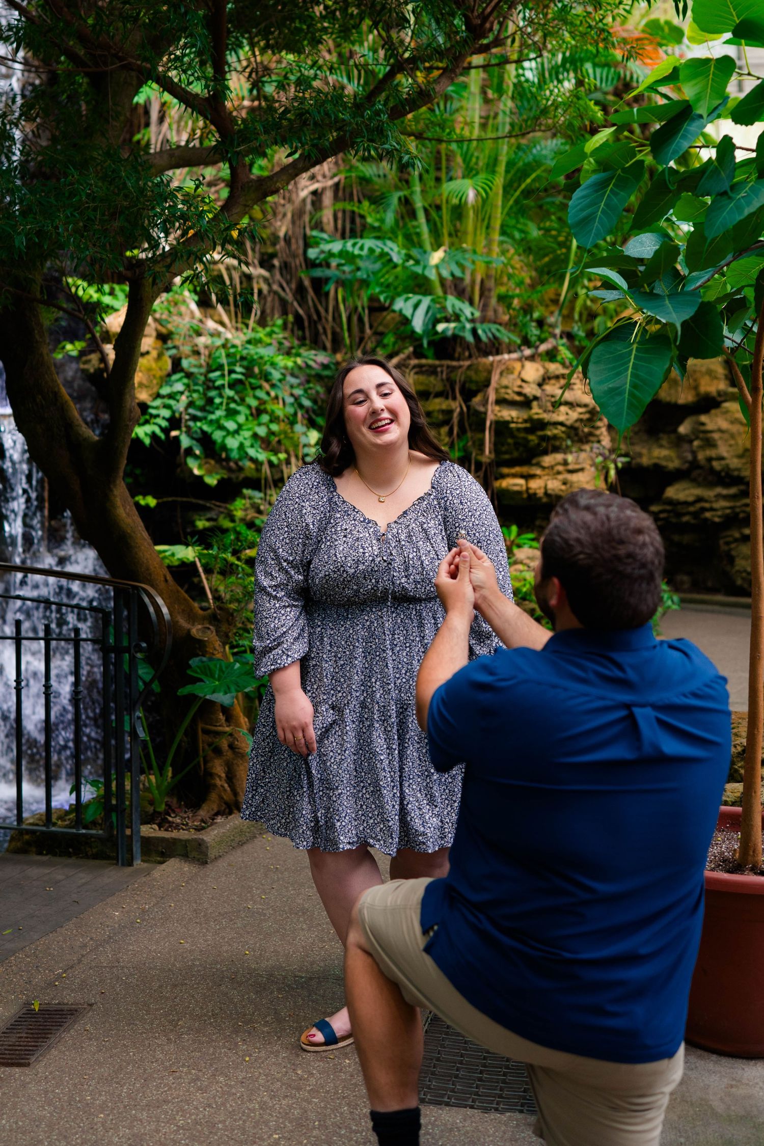 Man proposes on one knee to joyful woman near a waterfall in a lush tropical botanical garden.